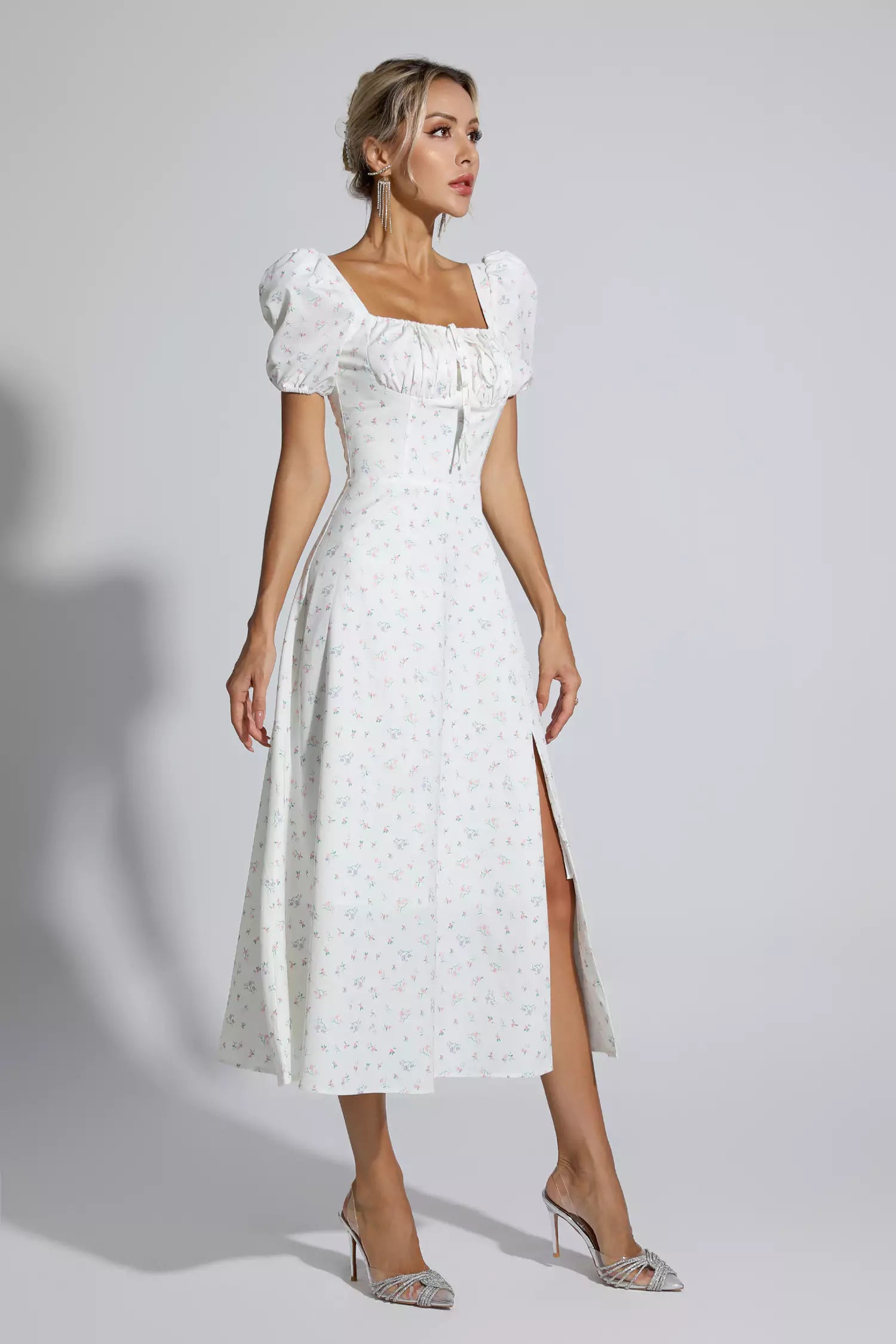 Raelyn Apricot French Floral Midi Dress-CATCHALL