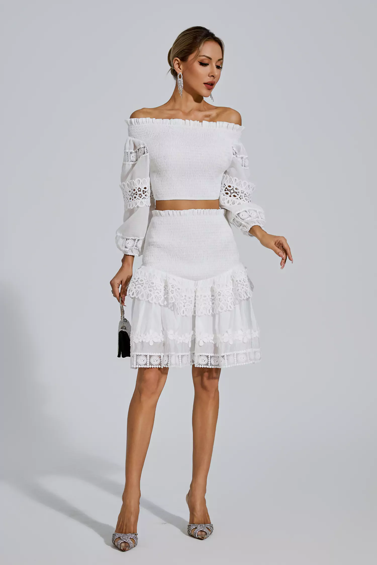 Raina White One-Shoulder Embroidered Set-CATCHALL