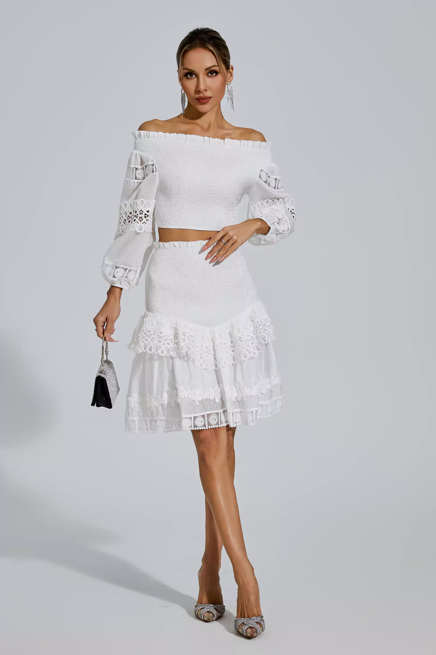 Raina White One-Shoulder Embroidered Set-CATCHALL