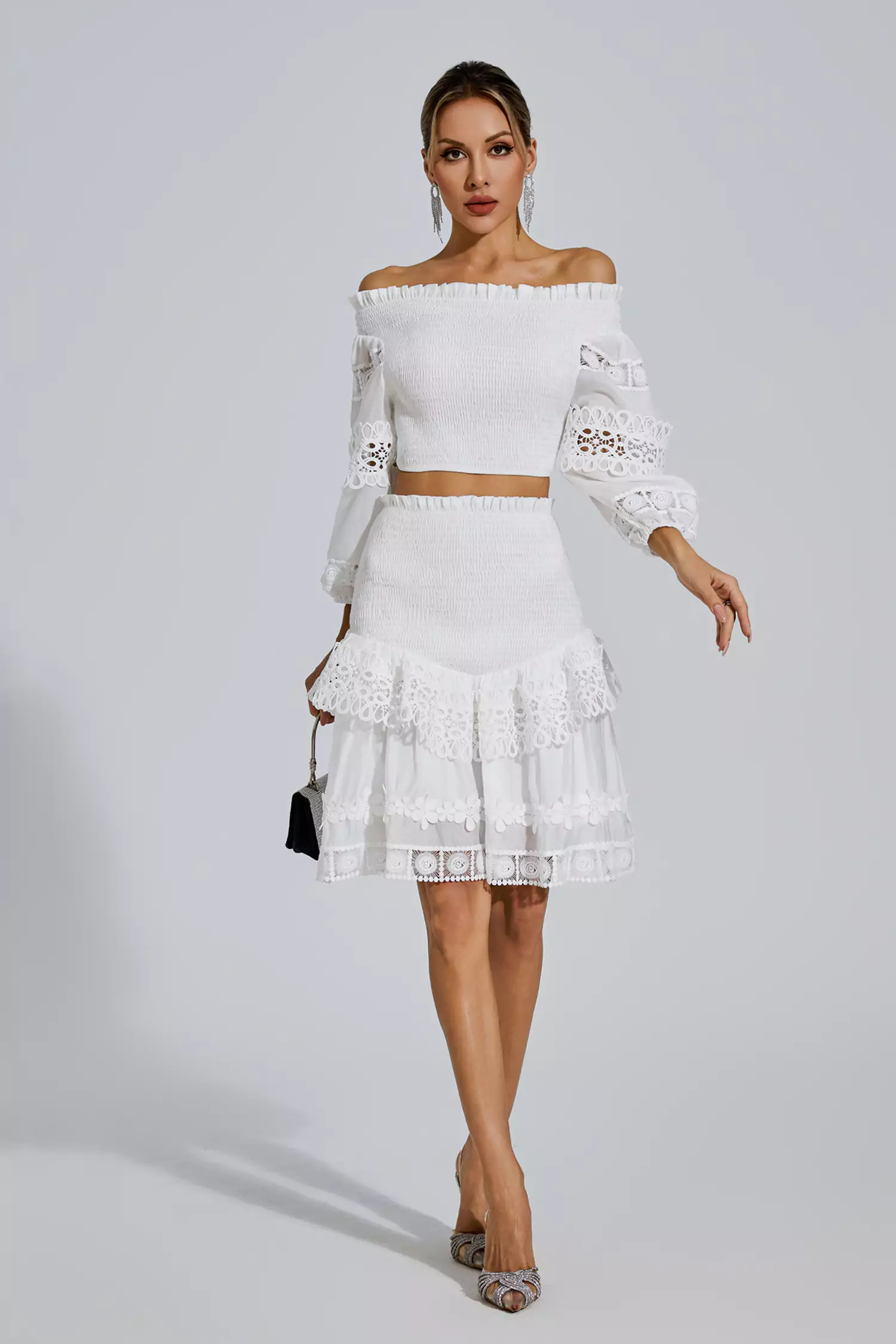Raina White One-Shoulder Embroidered Set-CATCHALL