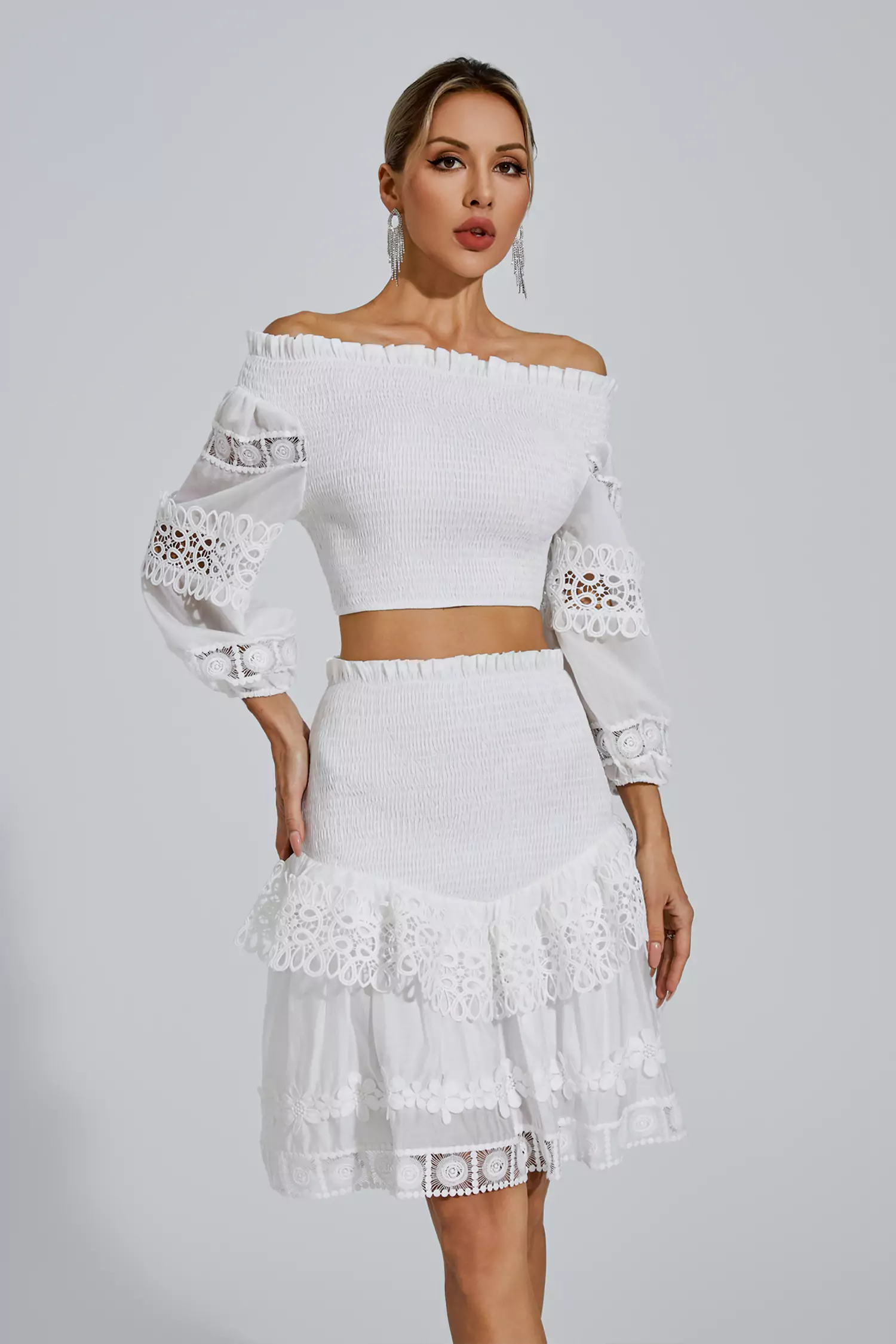 Raina White One-Shoulder Embroidered Set-CATCHALL