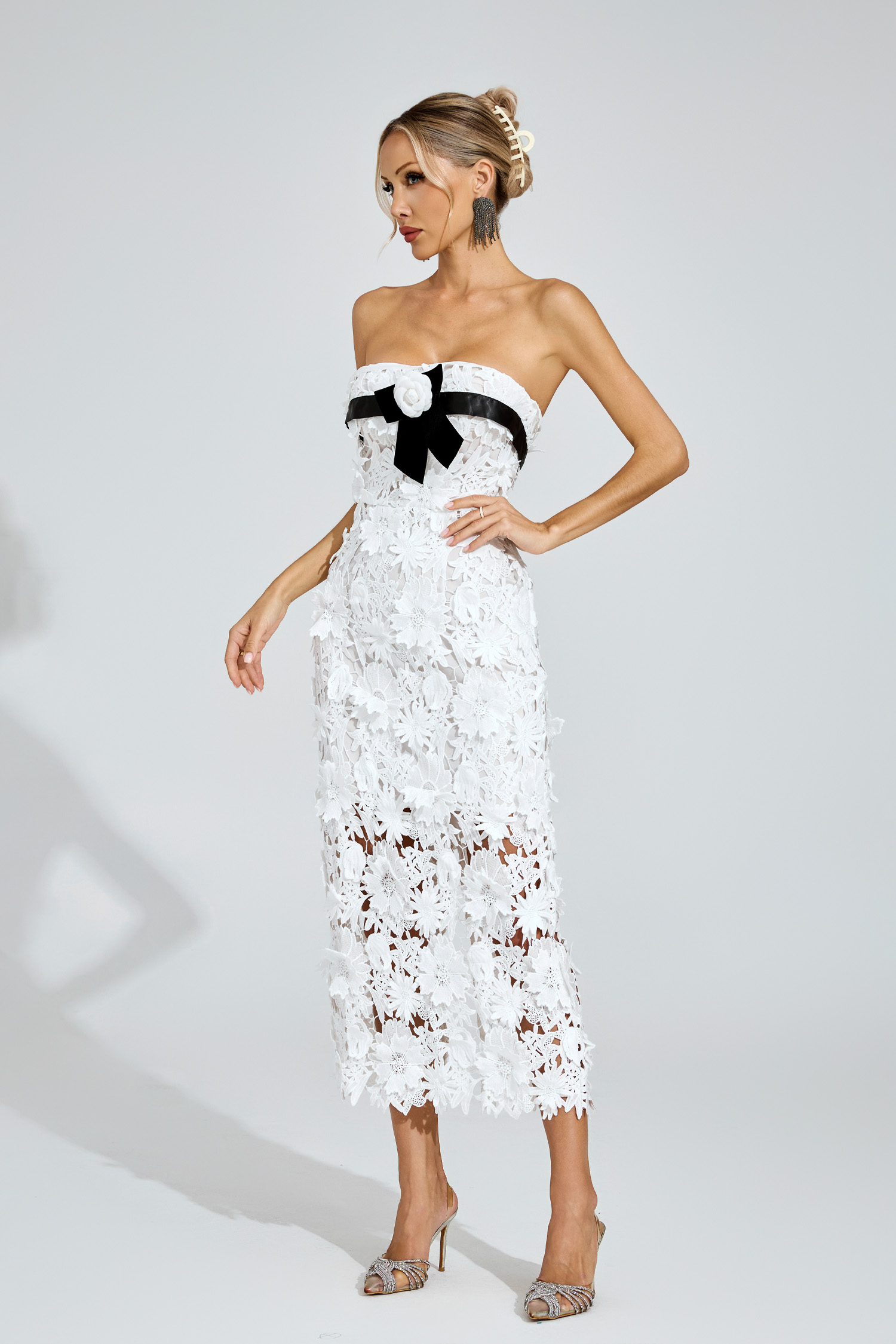 Raleign White Floral Lace Midi Dress