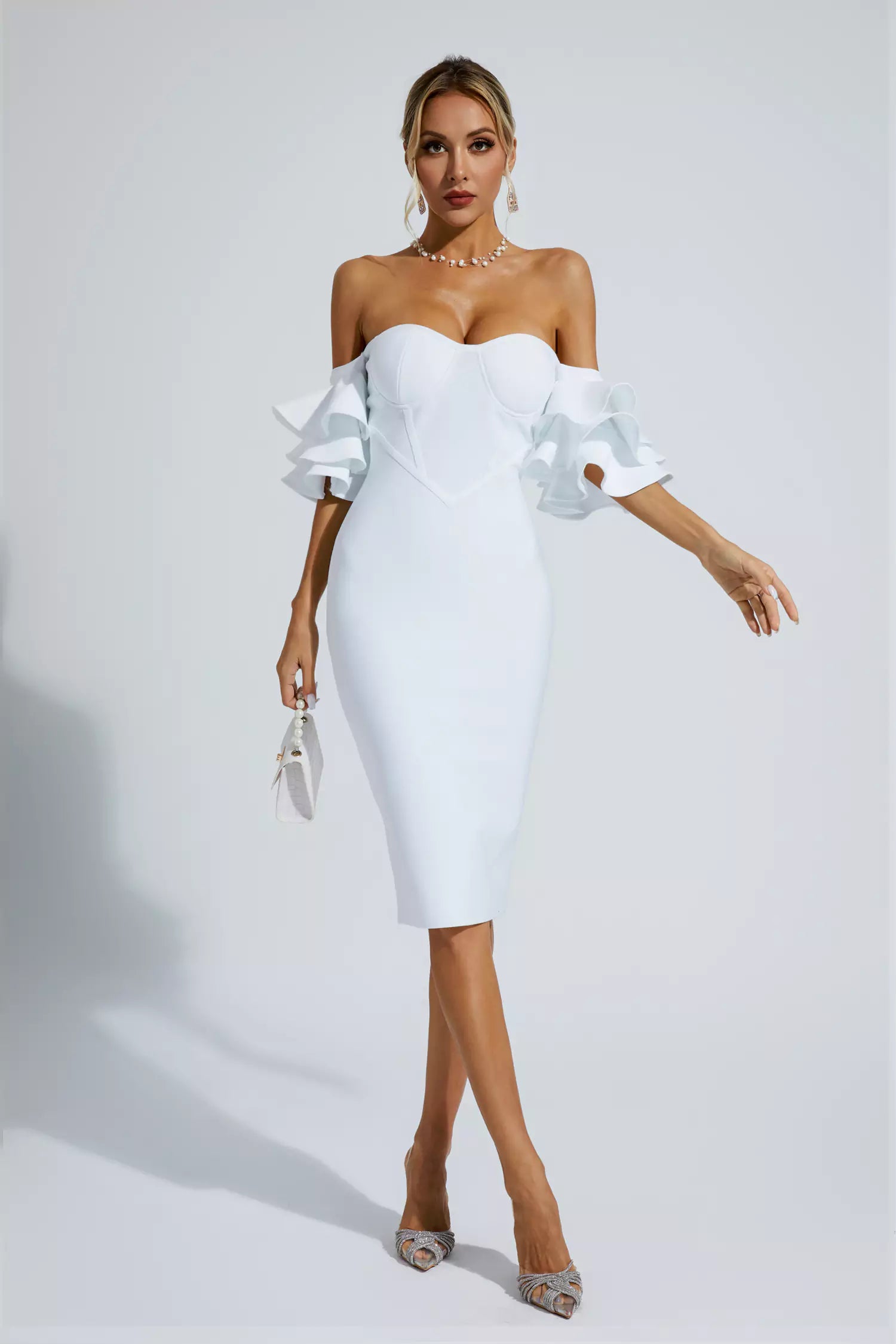 Raya White Bandage Bridesmaid Midi Dress-CATCHALL
