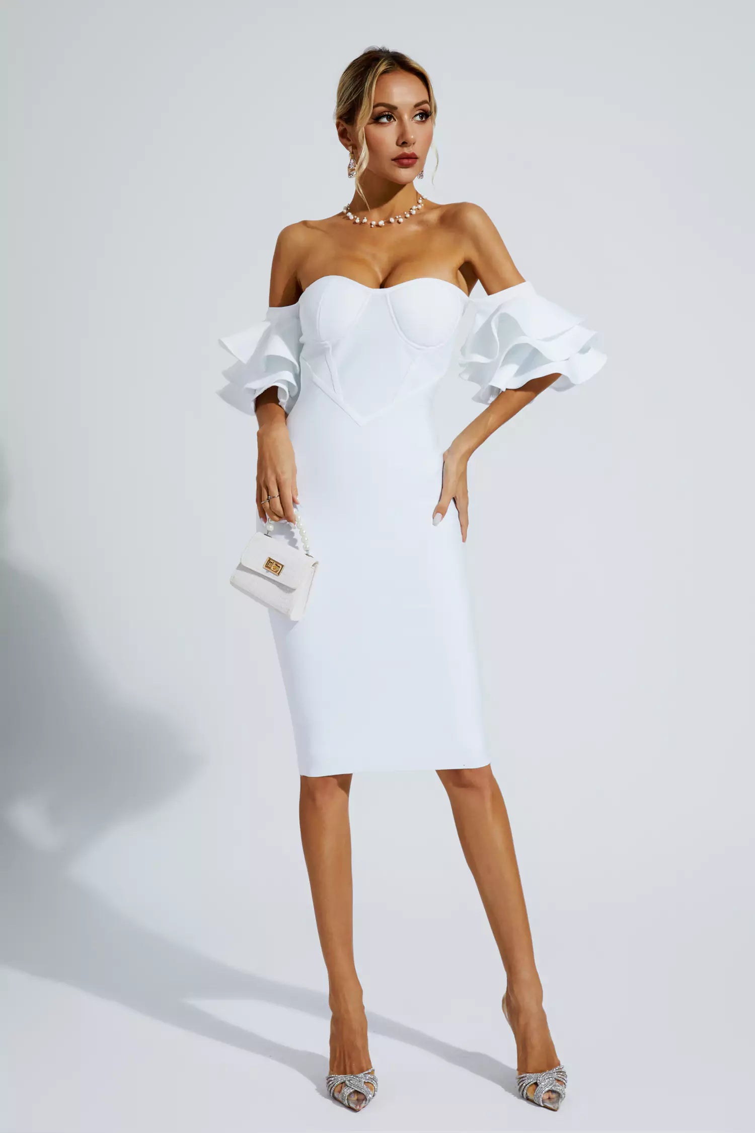 Raya White Bandage Bridesmaid Midi Dress-CATCHALL