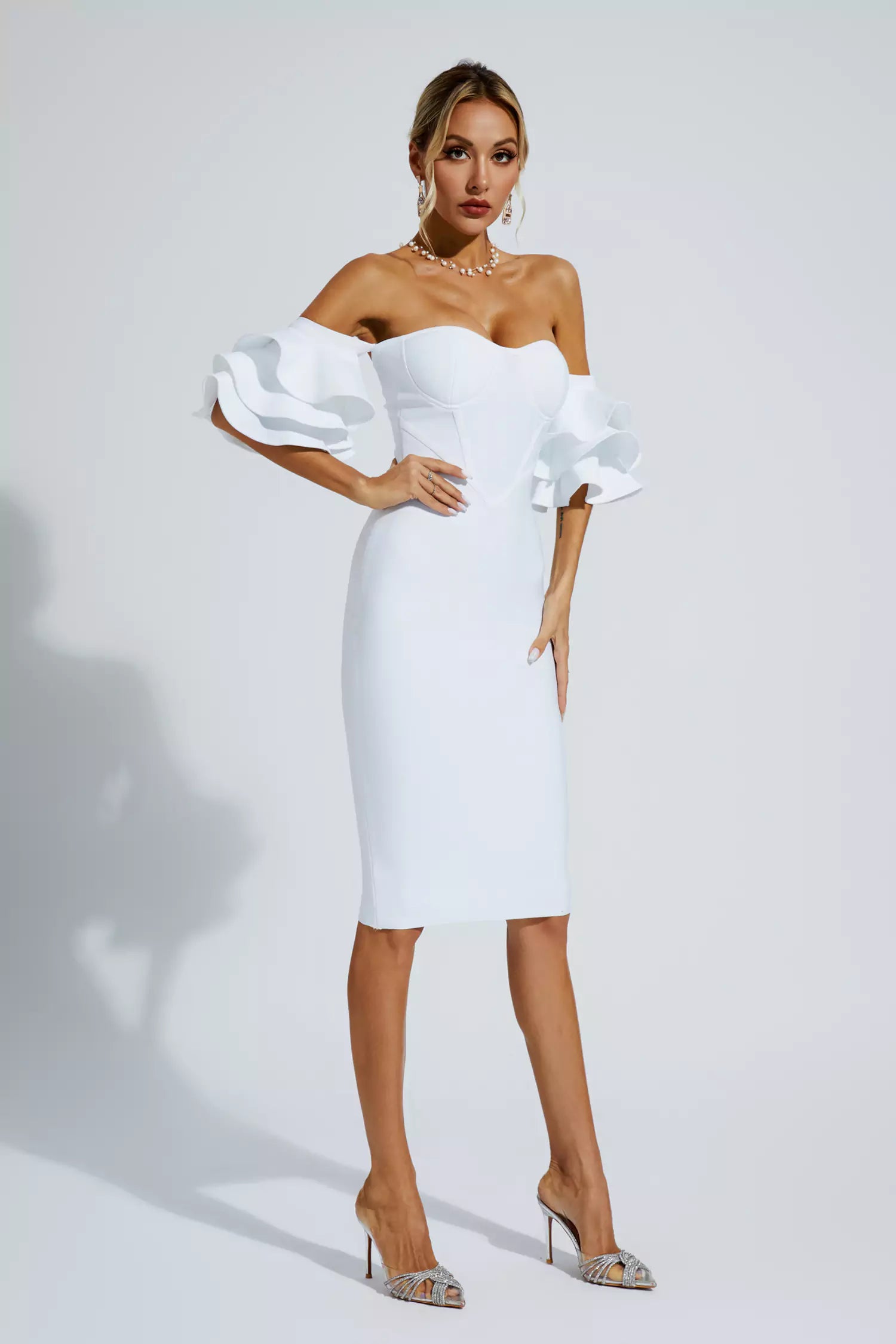 Raya White Bandage Bridesmaid Midi Dress-CATCHALL