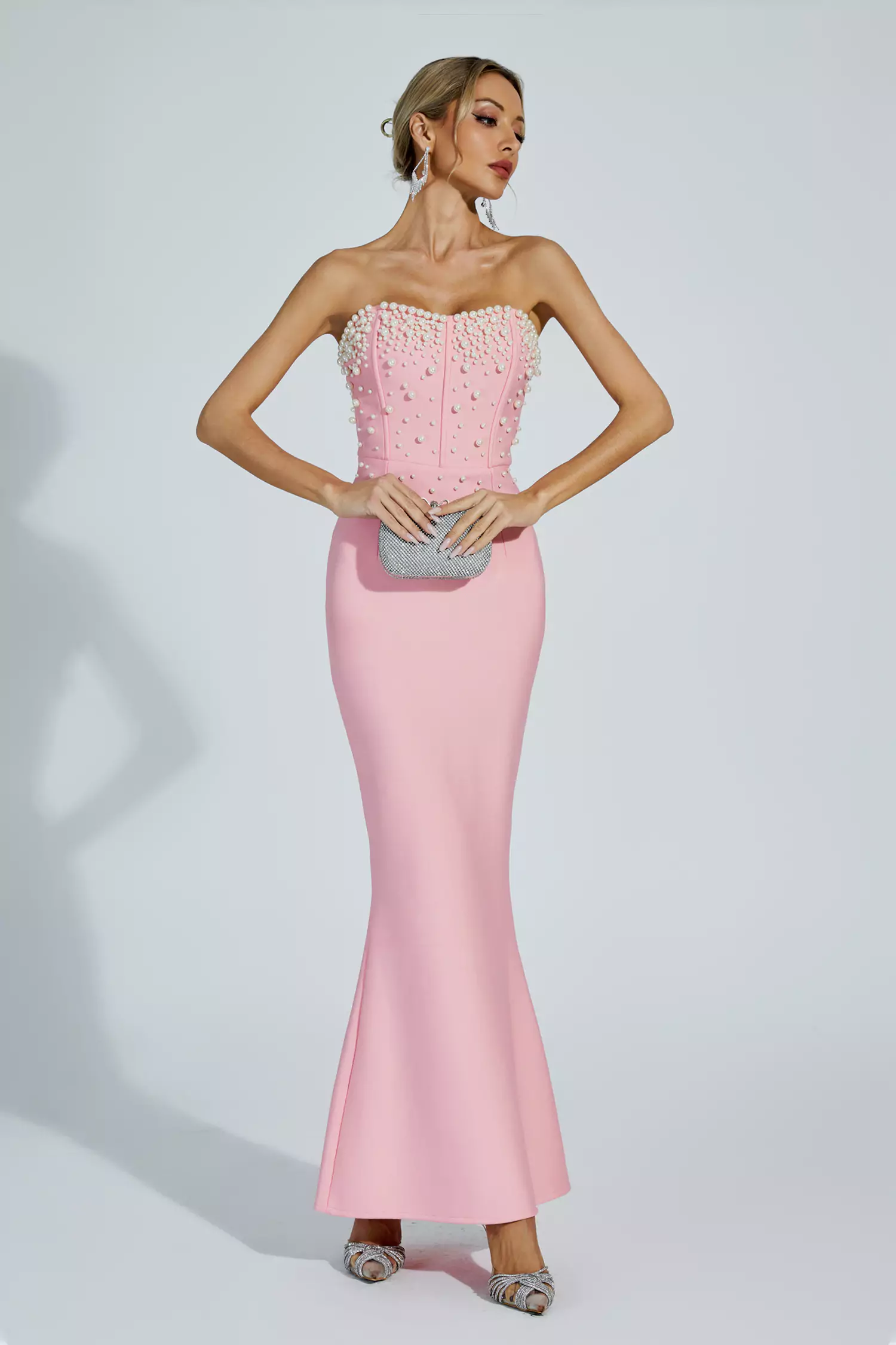 Rebekah Pink Beaded Bandage Dress-CATCHALL