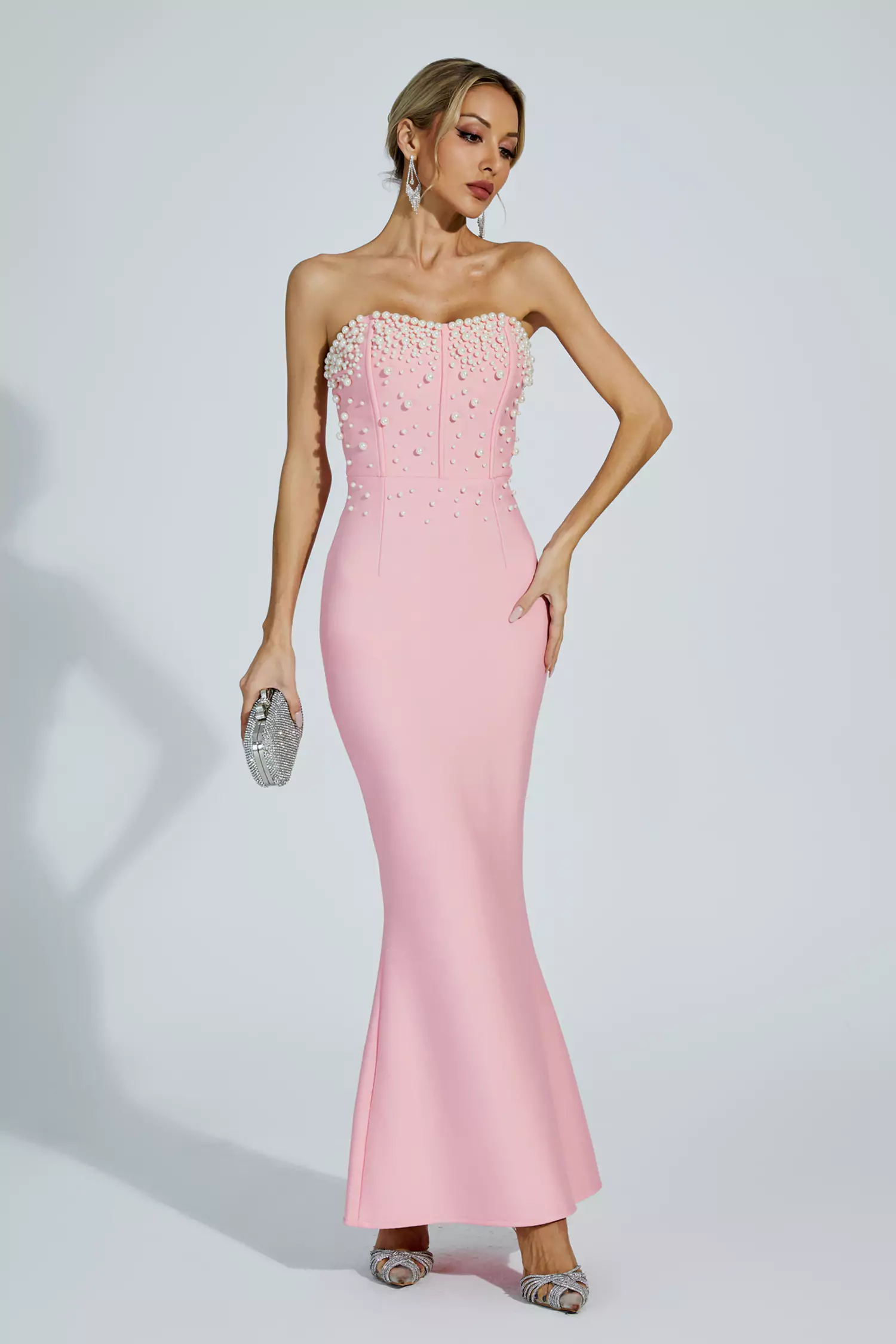 Rebekah Pink Beaded Bandage Dress-CATCHALL