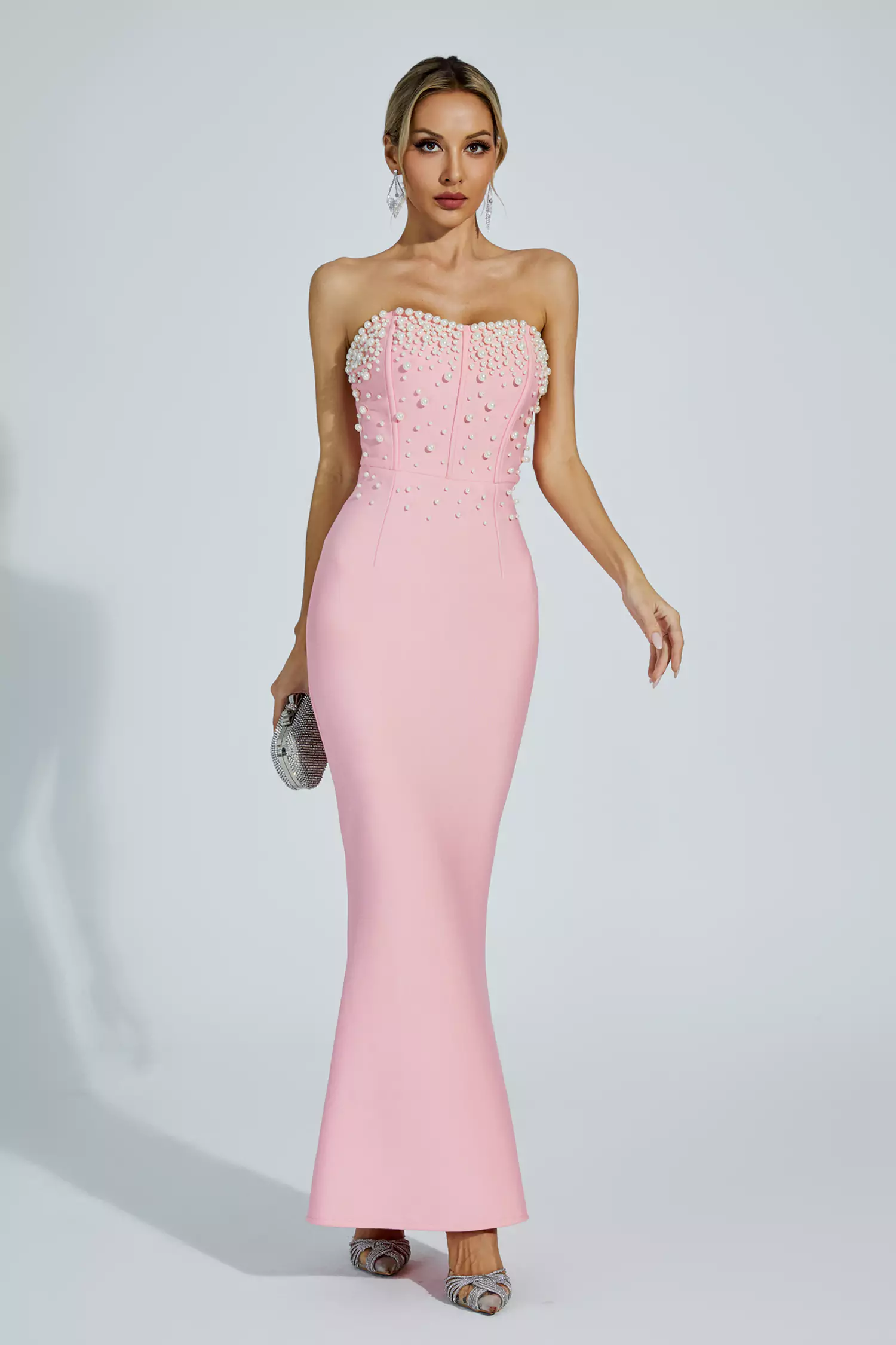 Rebekah Pink Beaded Bandage Dress-CATCHALL