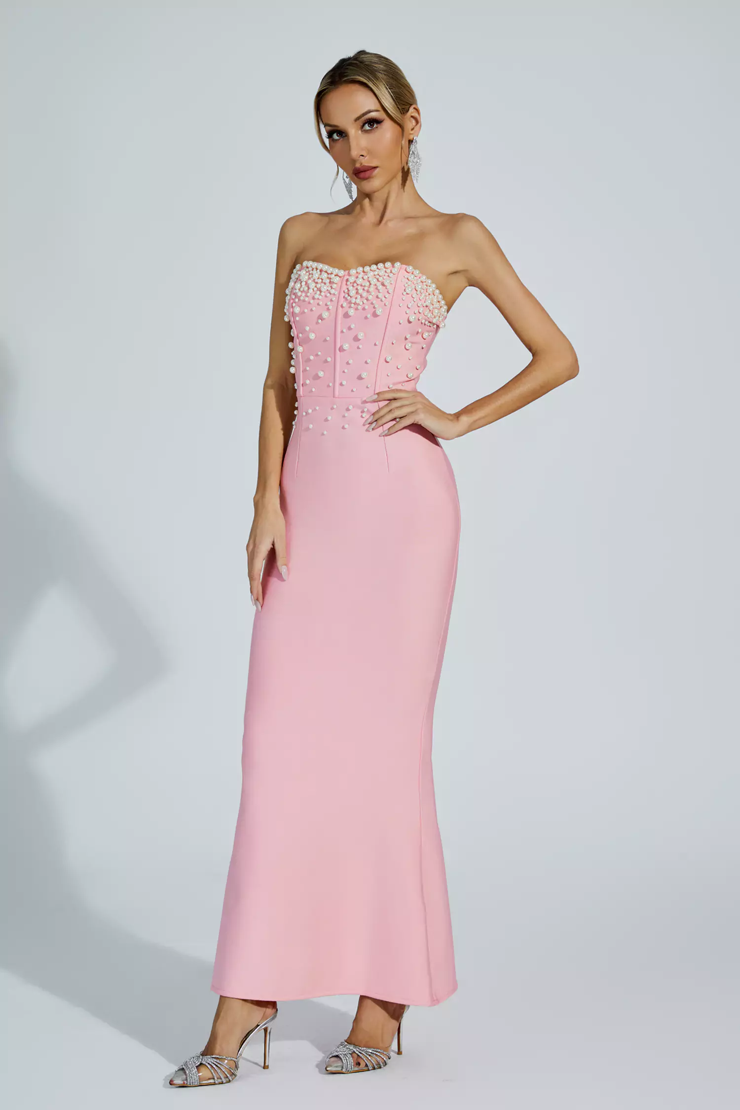Rebekah Pink Beaded Bandage Dress-CATCHALL
