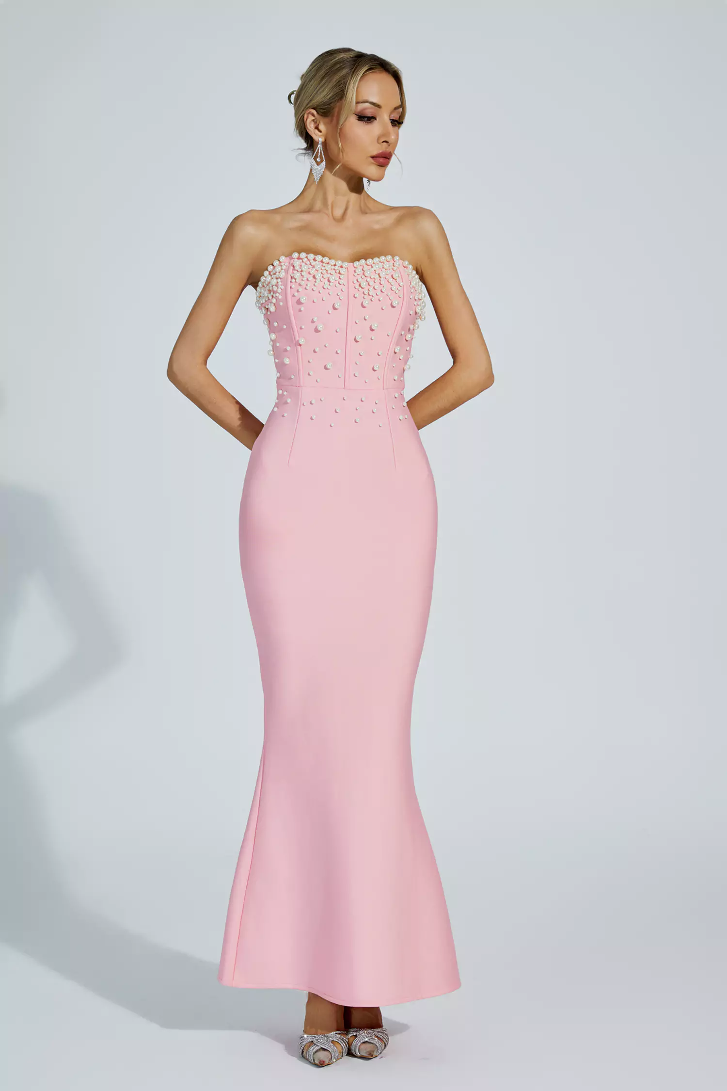 Rebekah Pink Beaded Bandage Dress-CATCHALL