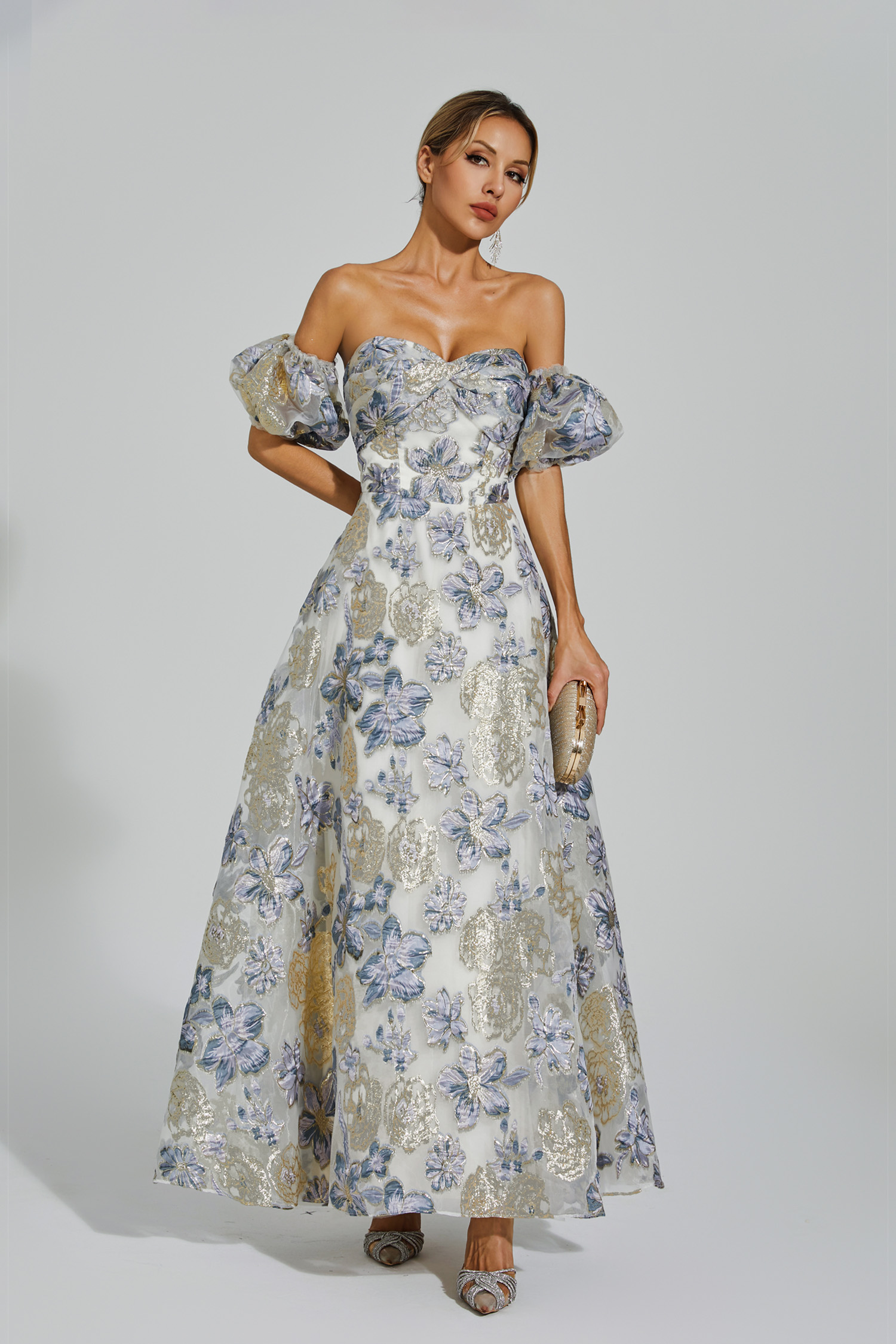 Reem Blue-Purple Flower Off Shoulder Dress