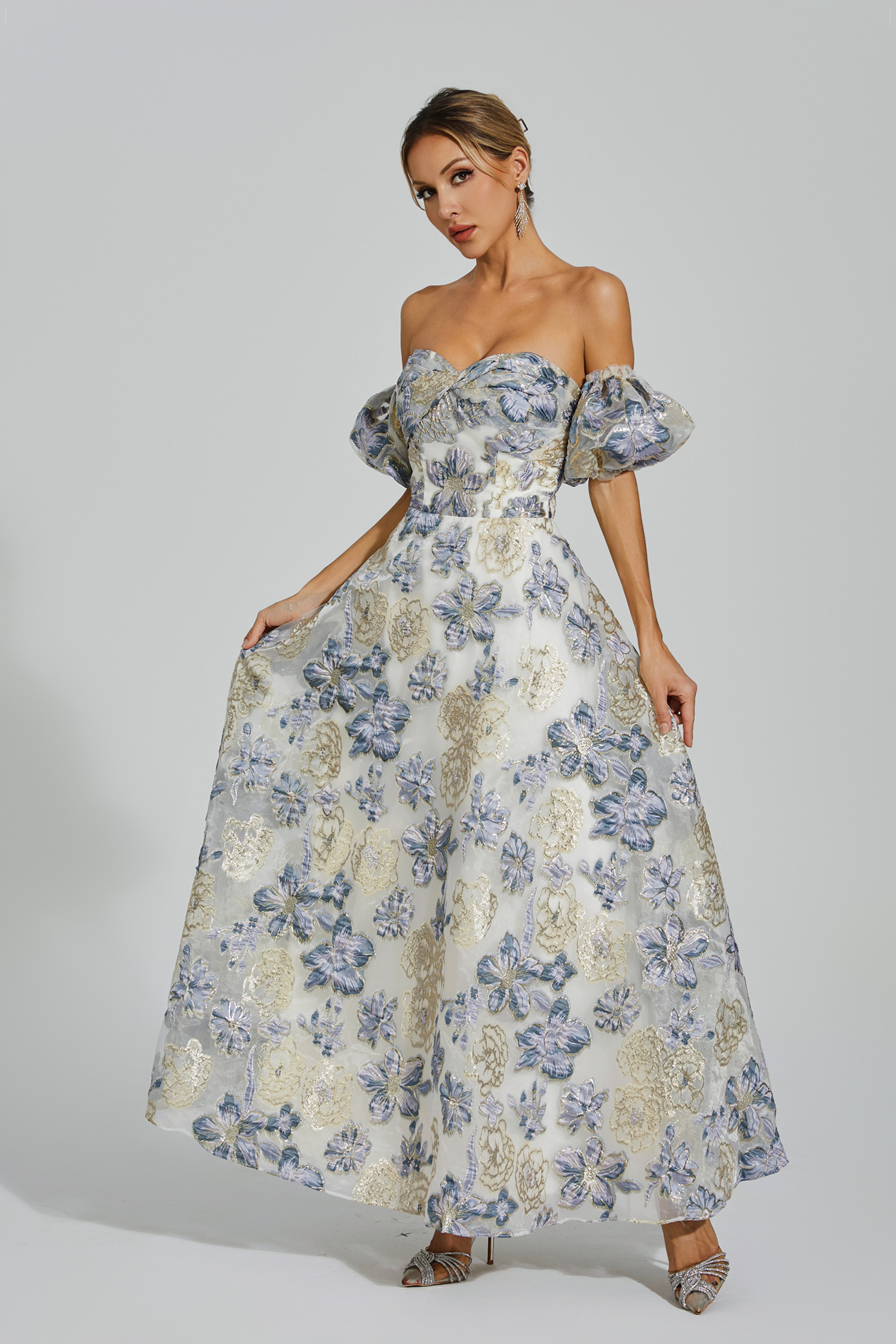Reem Blue-Purple Flower Off Shoulder Dress