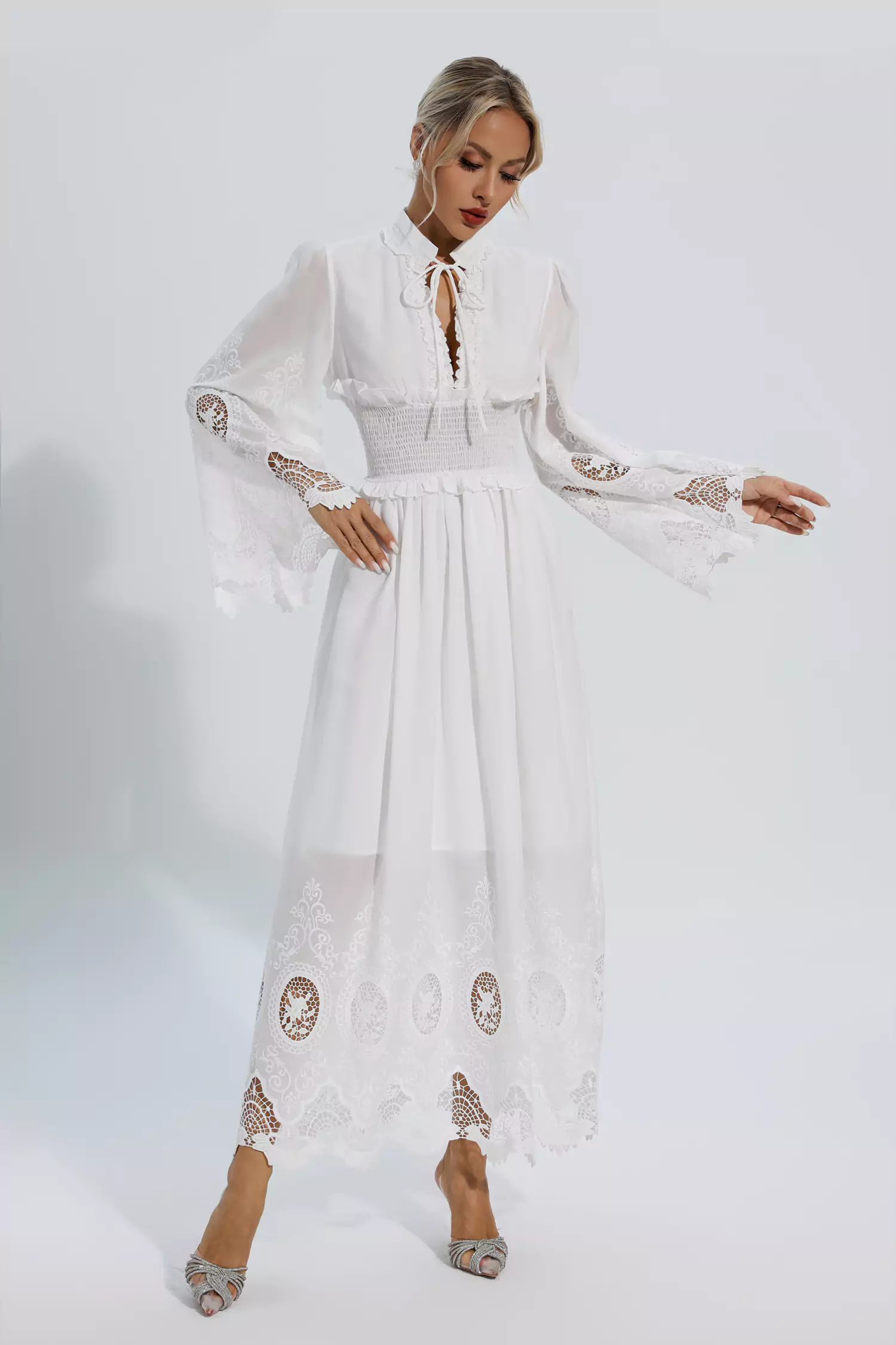 Remy White Long Sleeve Lace Maxi Dress-CATCHALL