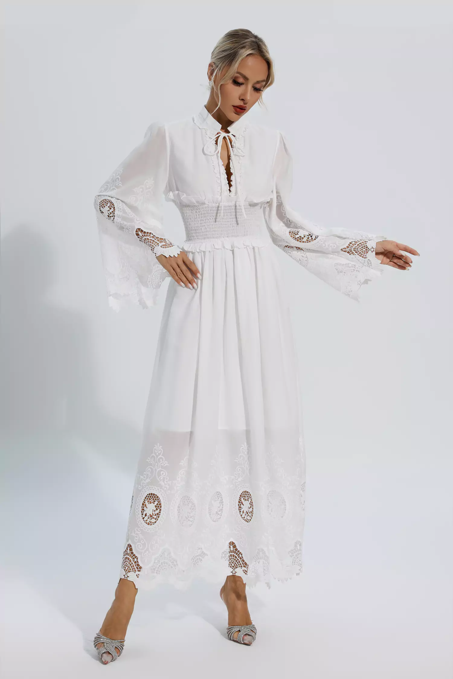 Remy White Long Sleeve Lace Maxi Dress