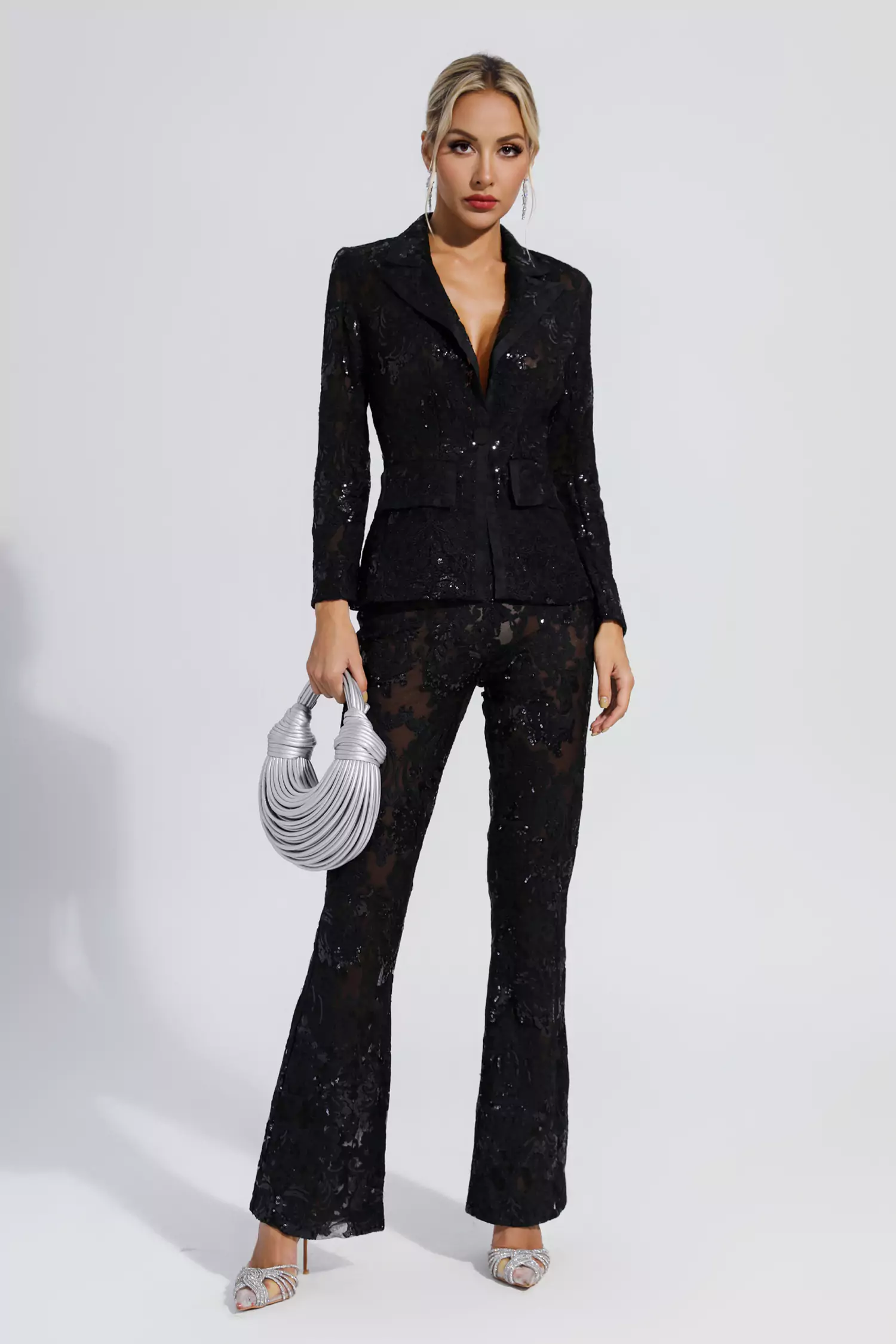 Reyna Black Cutout Sequin Blazer Set-CATCHALL