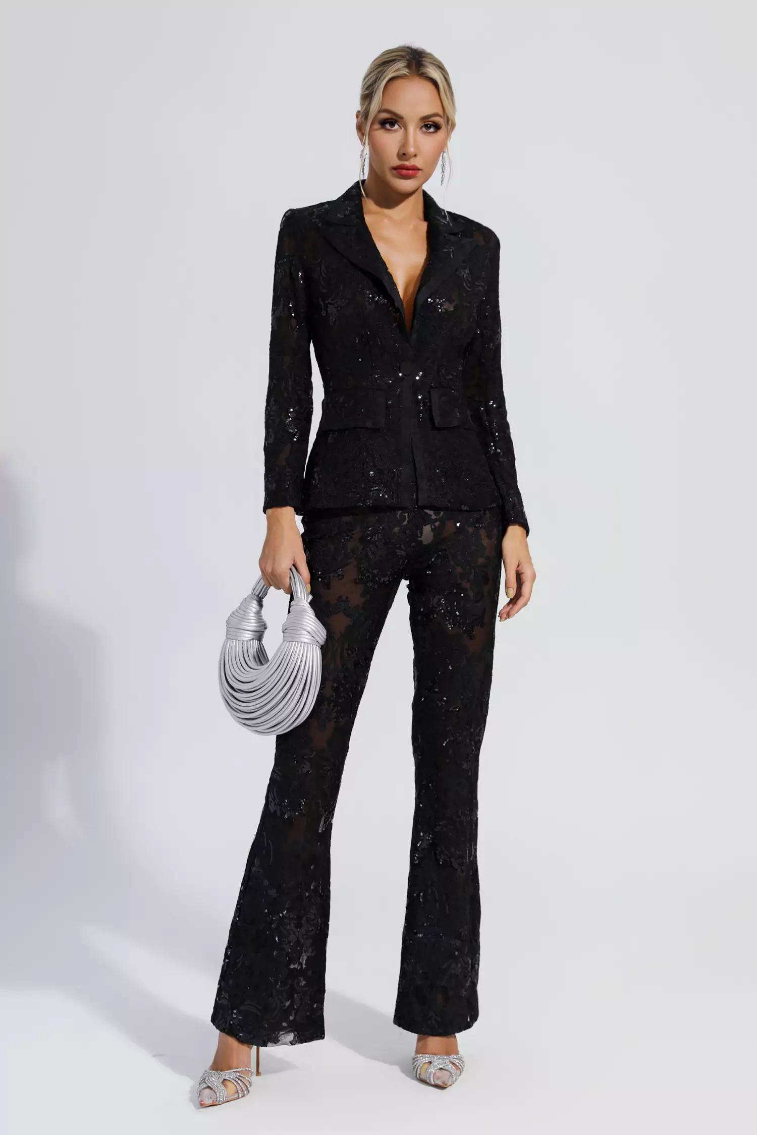 Reyna Black Cutout Sequin Blazer Set