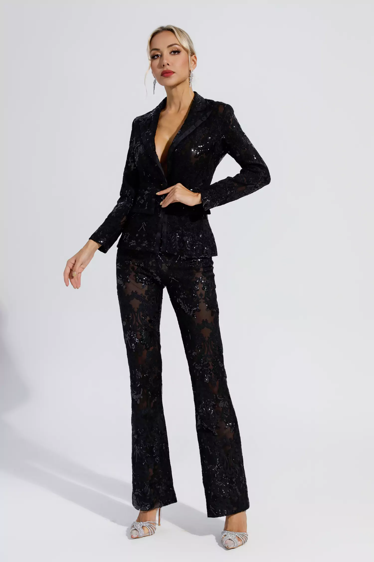Reyna Black Cutout Sequin Blazer Set-CATCHALL