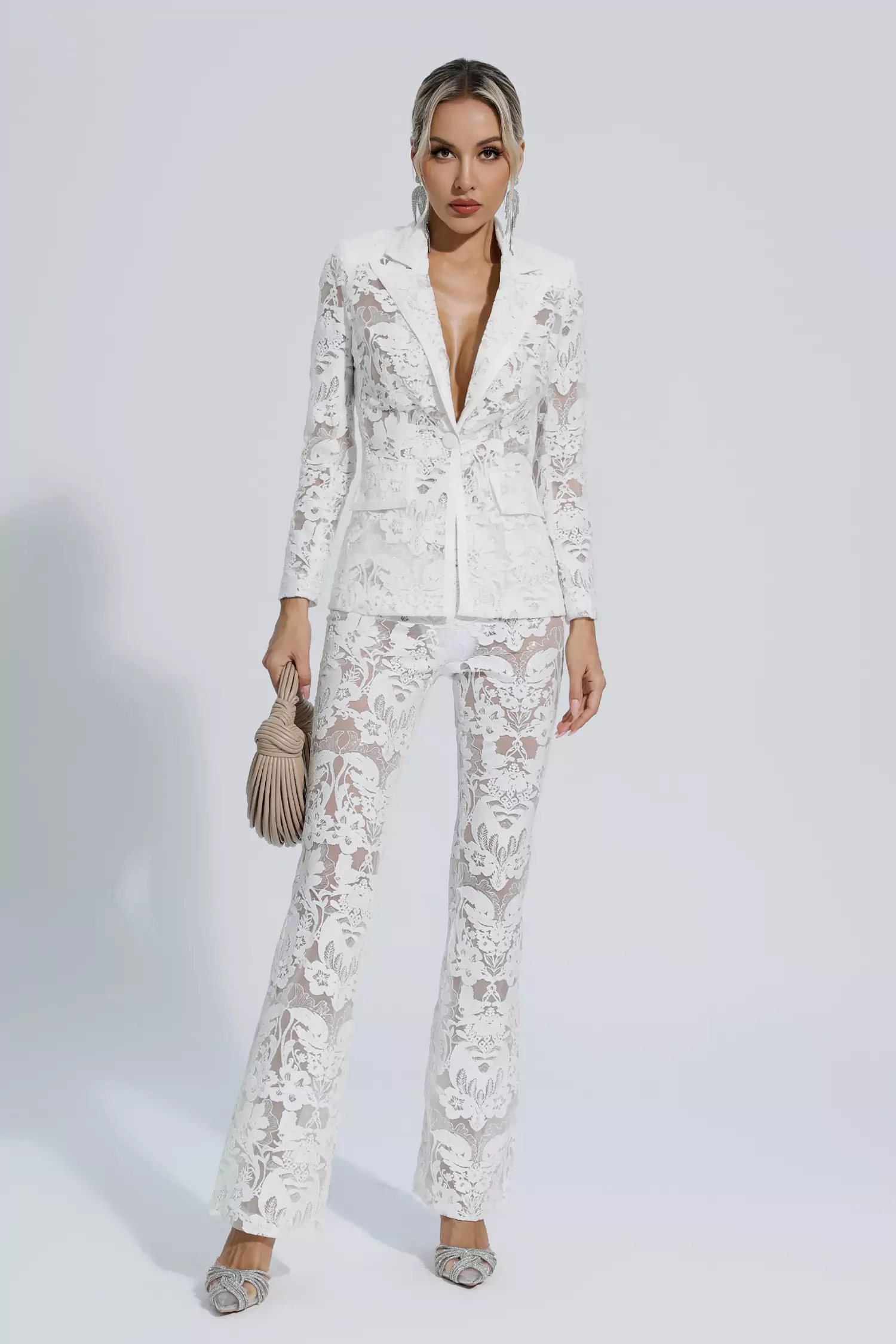 Reyna White Cutout Sequin Blazer Set-CATCHALL