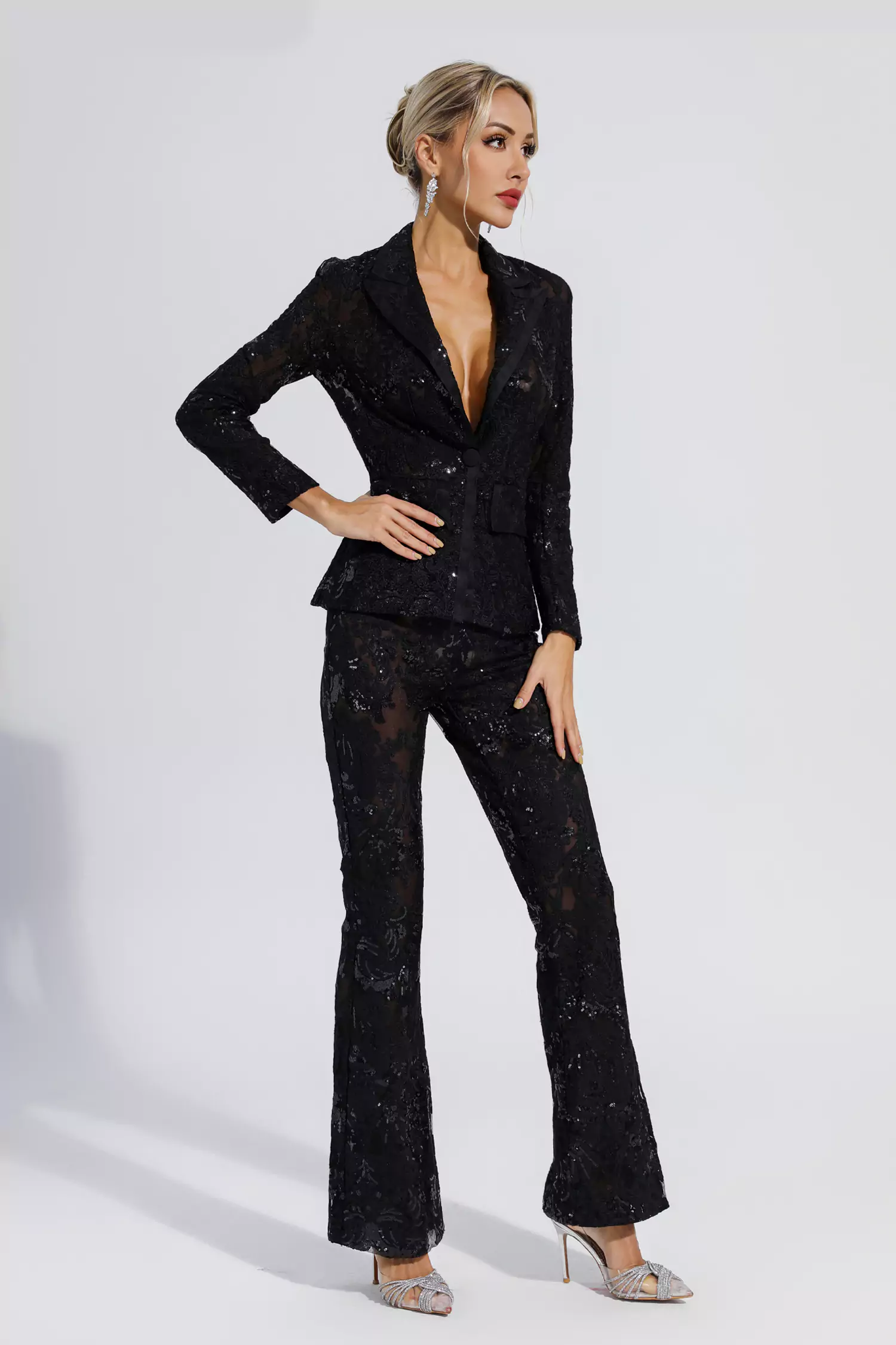 Reyna Black Cutout Sequin Blazer Set-CATCHALL