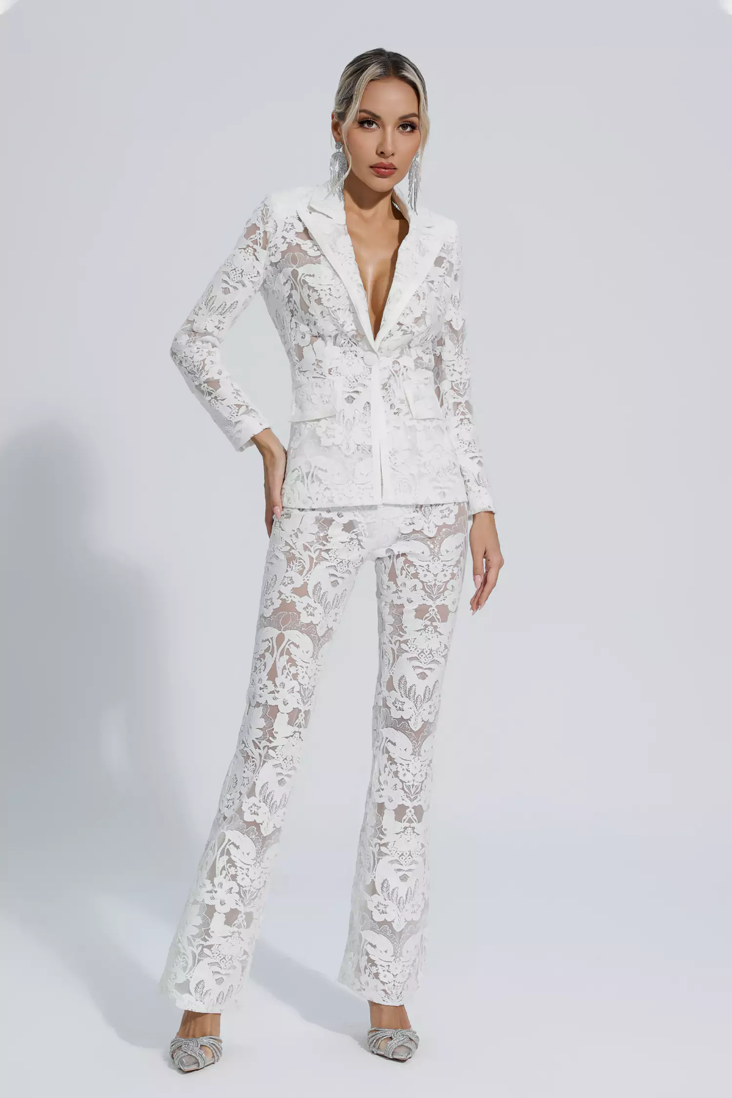Reyna White Cutout Sequin Blazer Set-CATCHALL
