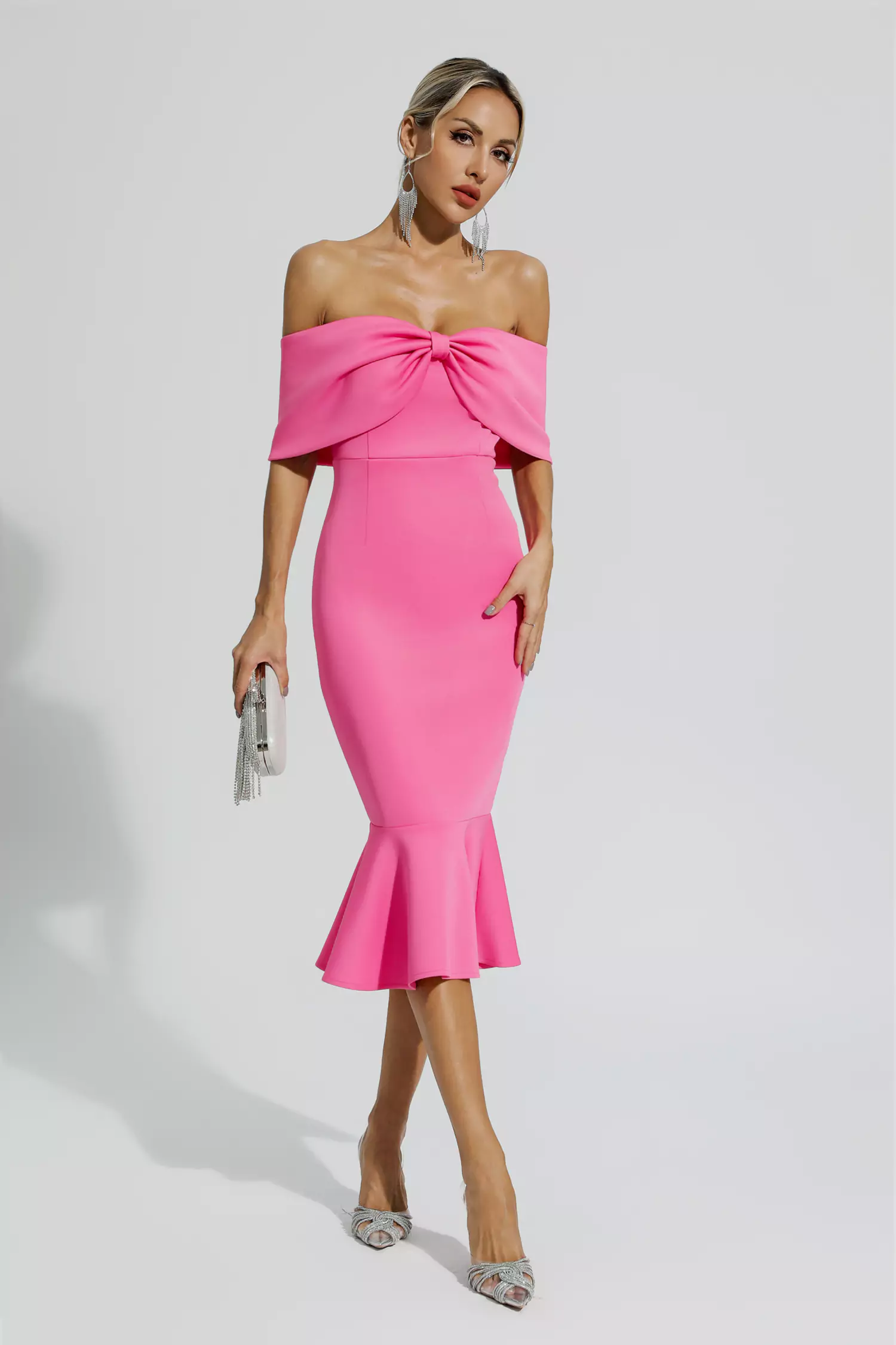 Rhea Rose Red Bow Off Shoulder Ruffles Dress-CATCHALL