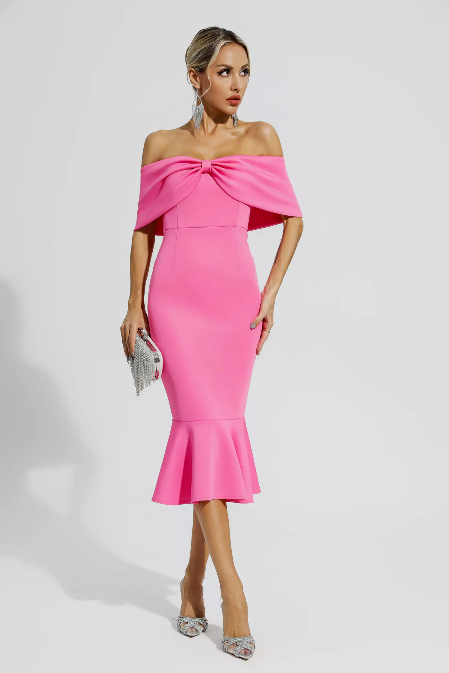 Rhea Rose Red Bow Off Shoulder Ruffles Dress-CATCHALL