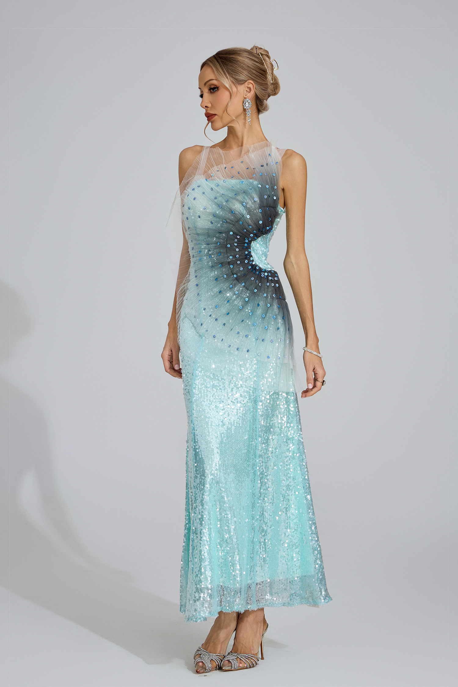 Rhonwen Lake Blue Sequined Maxi Dress