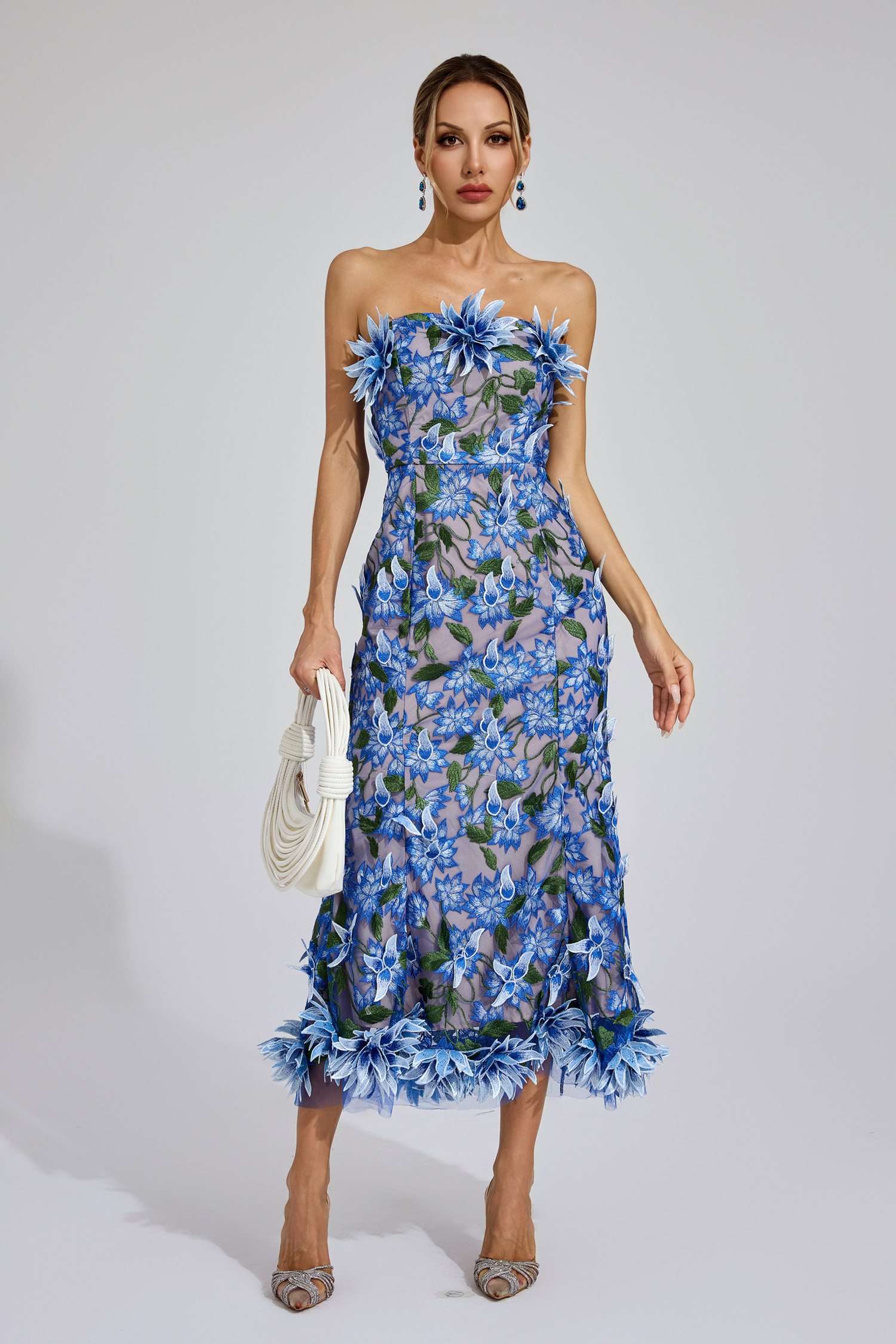Ricardo Blue Flower Off Shoulder Dress
