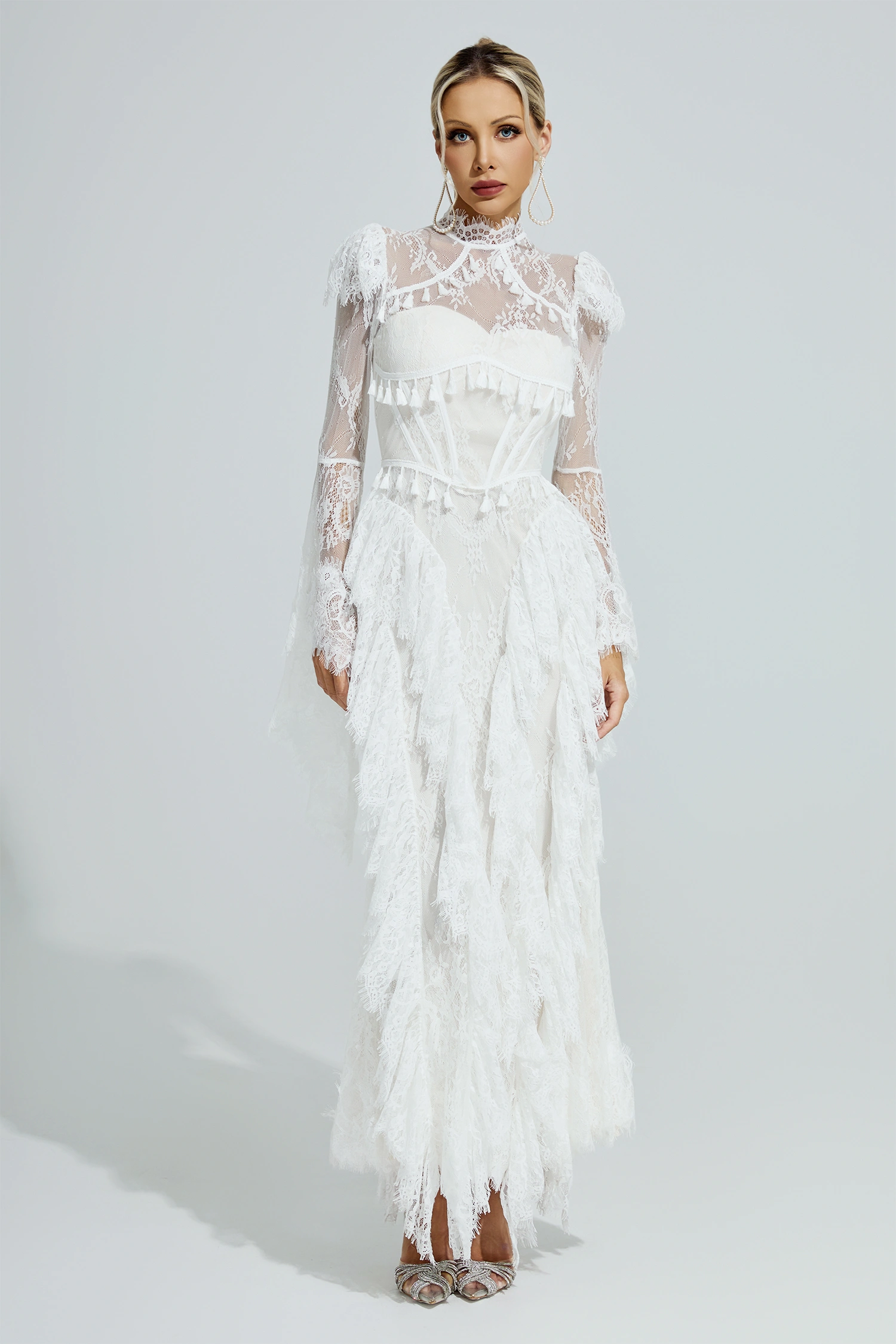 Ricoeur White Floral Lace Maxi Dress