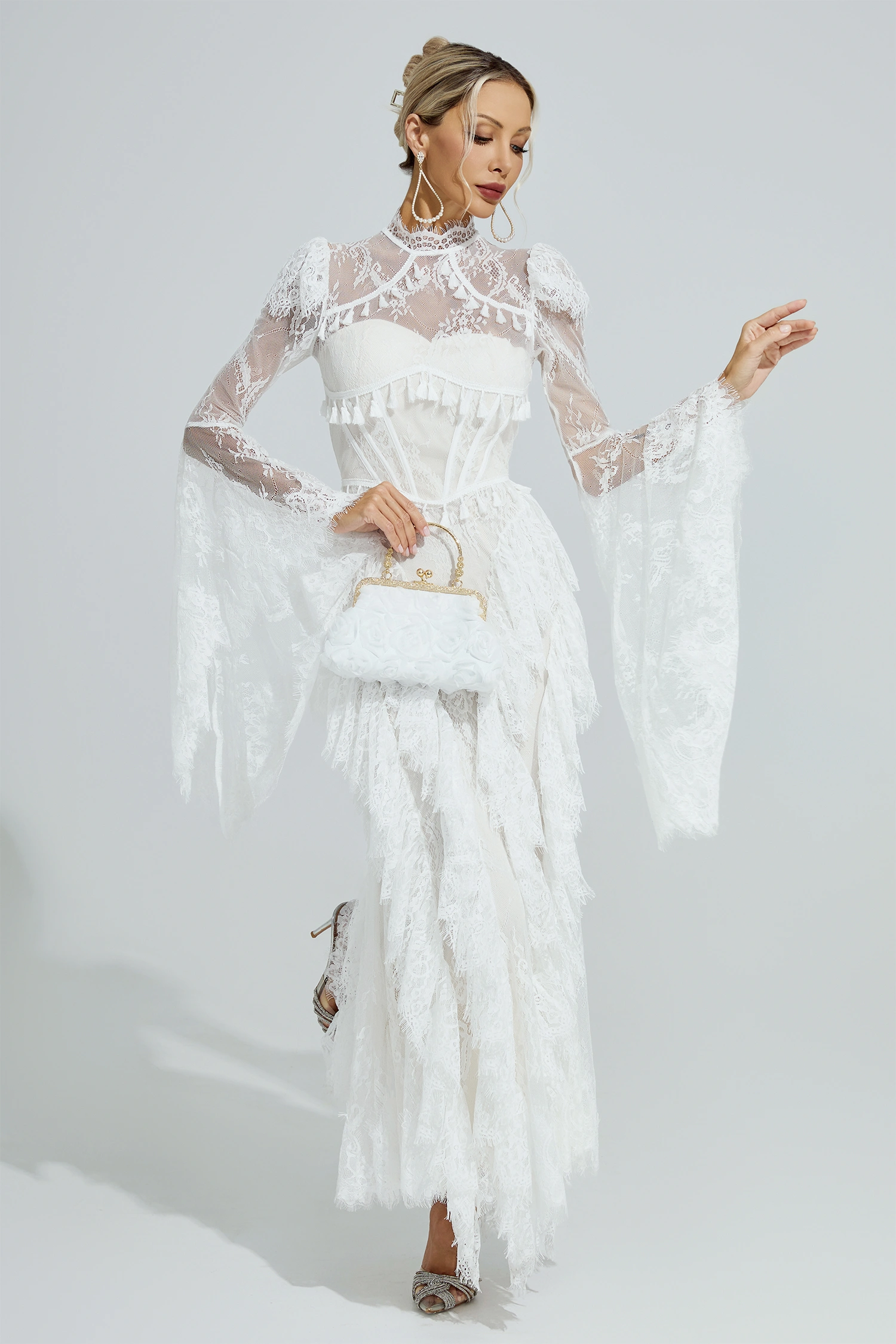 Ricoeur White Floral Lace Maxi Dress