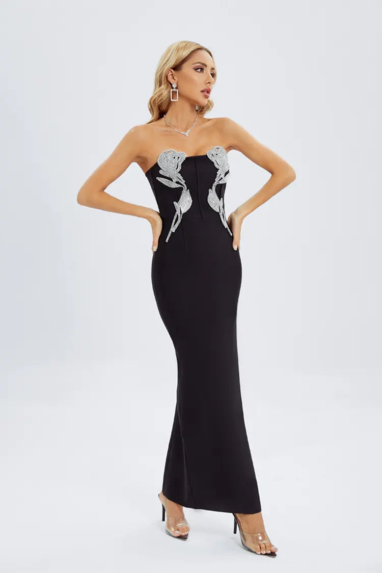 River Black Off Shoulder Diamante Dress-CATCHALL