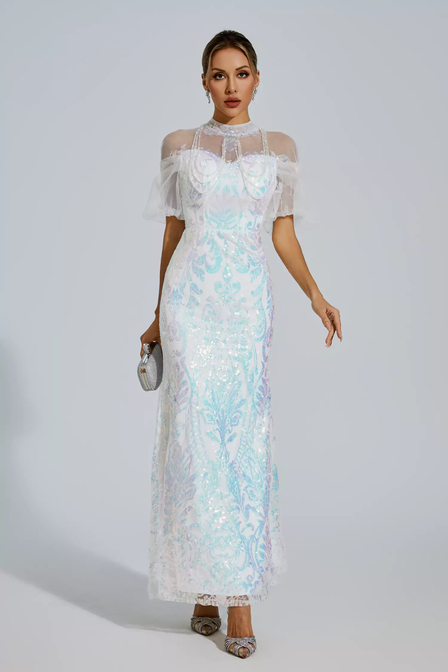Robin White Mesh Maxi Sequin Dress-CATCHALL