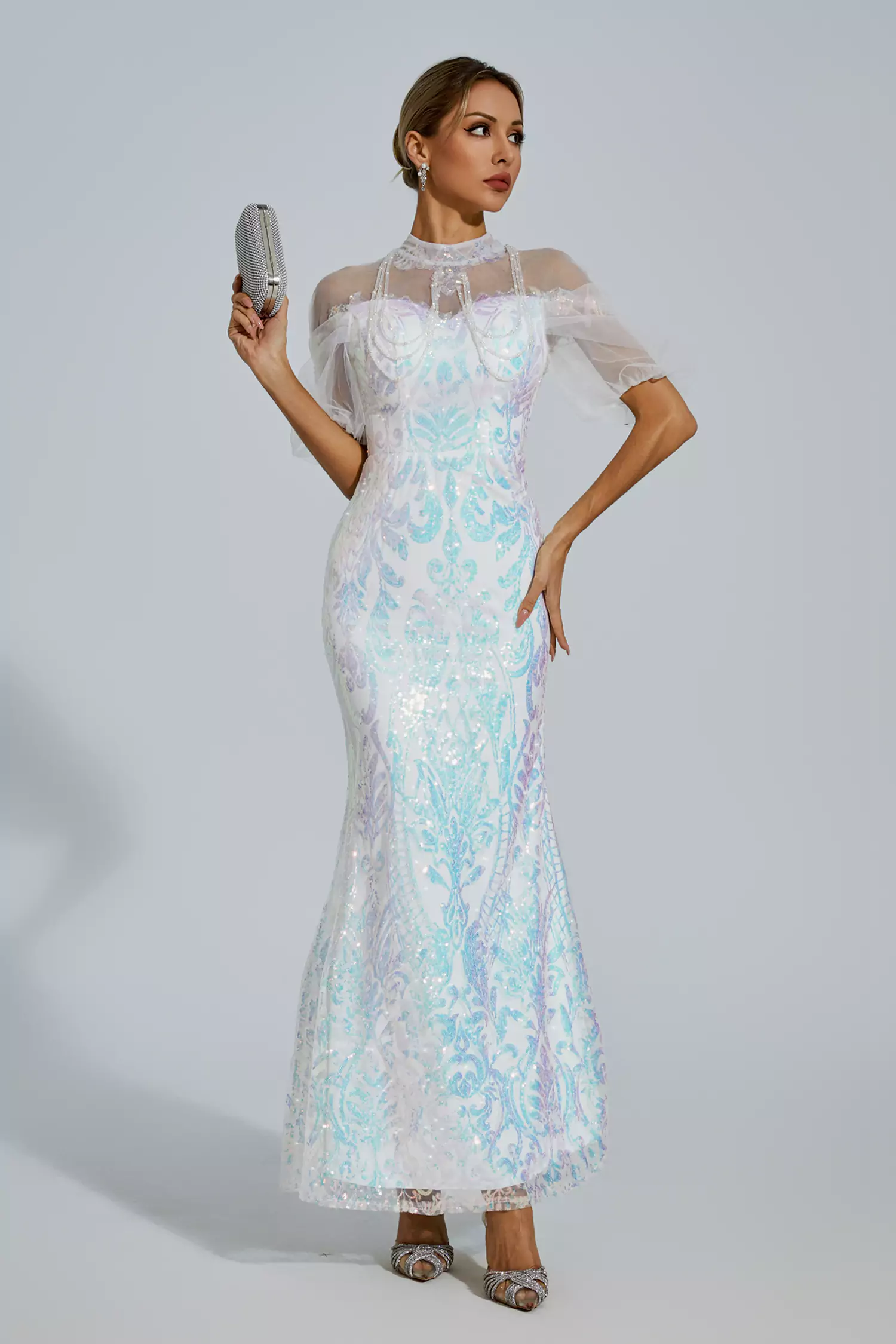 Robin White Mesh Maxi Sequin Dress-CATCHALL