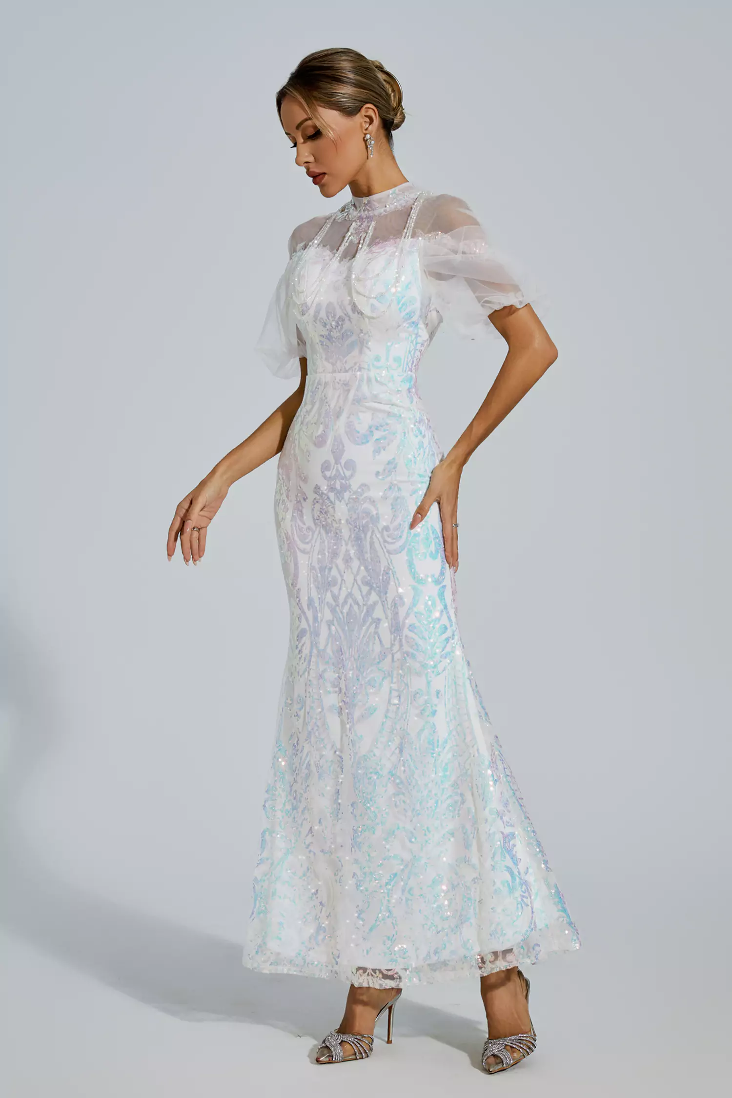 Robin White Mesh Maxi Sequin Dress-CATCHALL