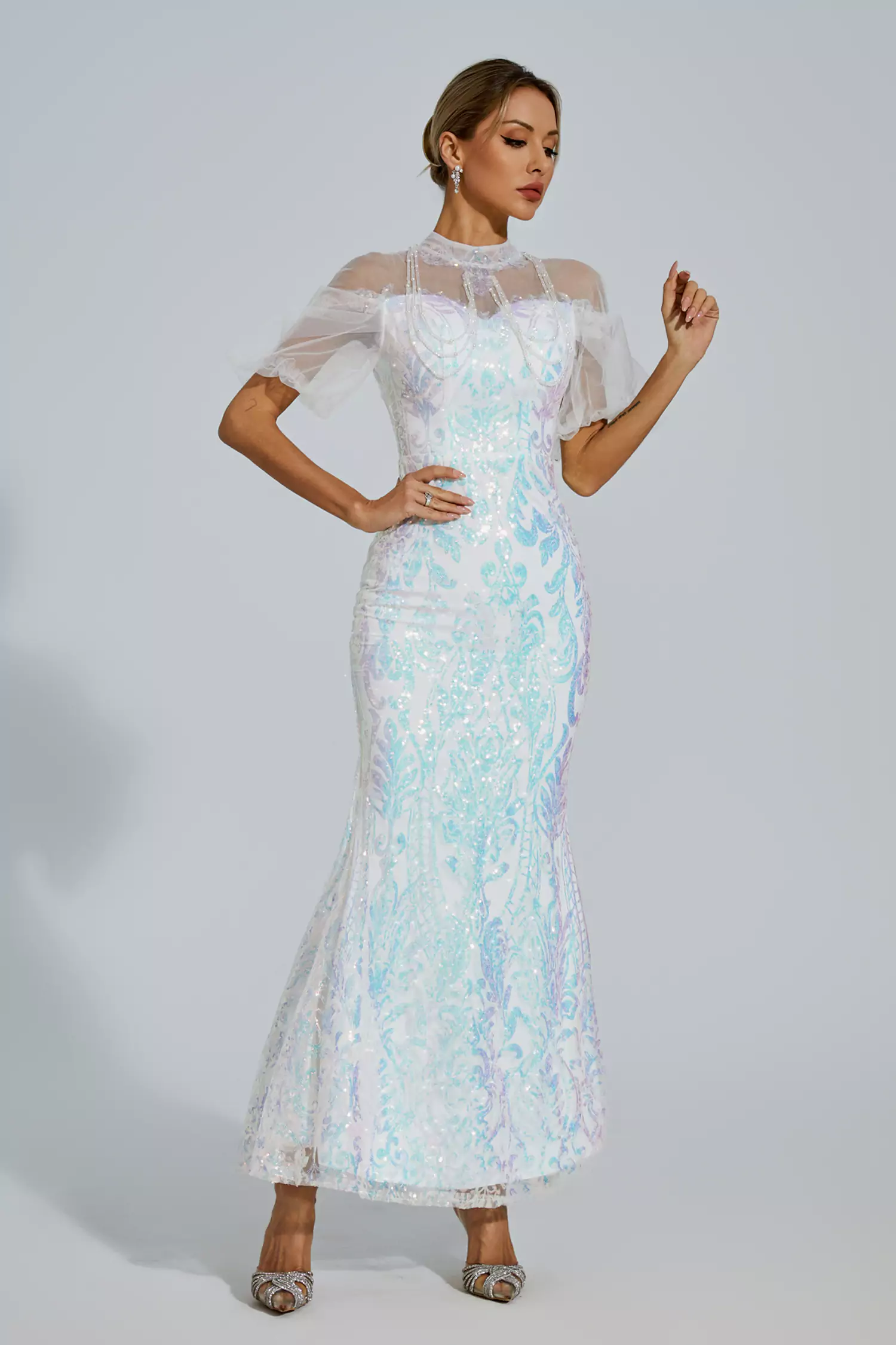 Robin White Mesh Maxi Sequin Dress-CATCHALL