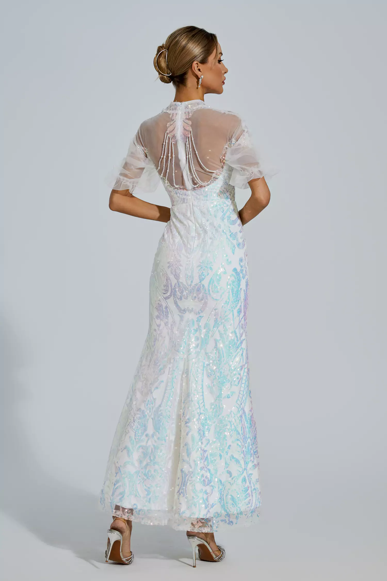 Robin White Mesh Maxi Sequin Dress-CATCHALL