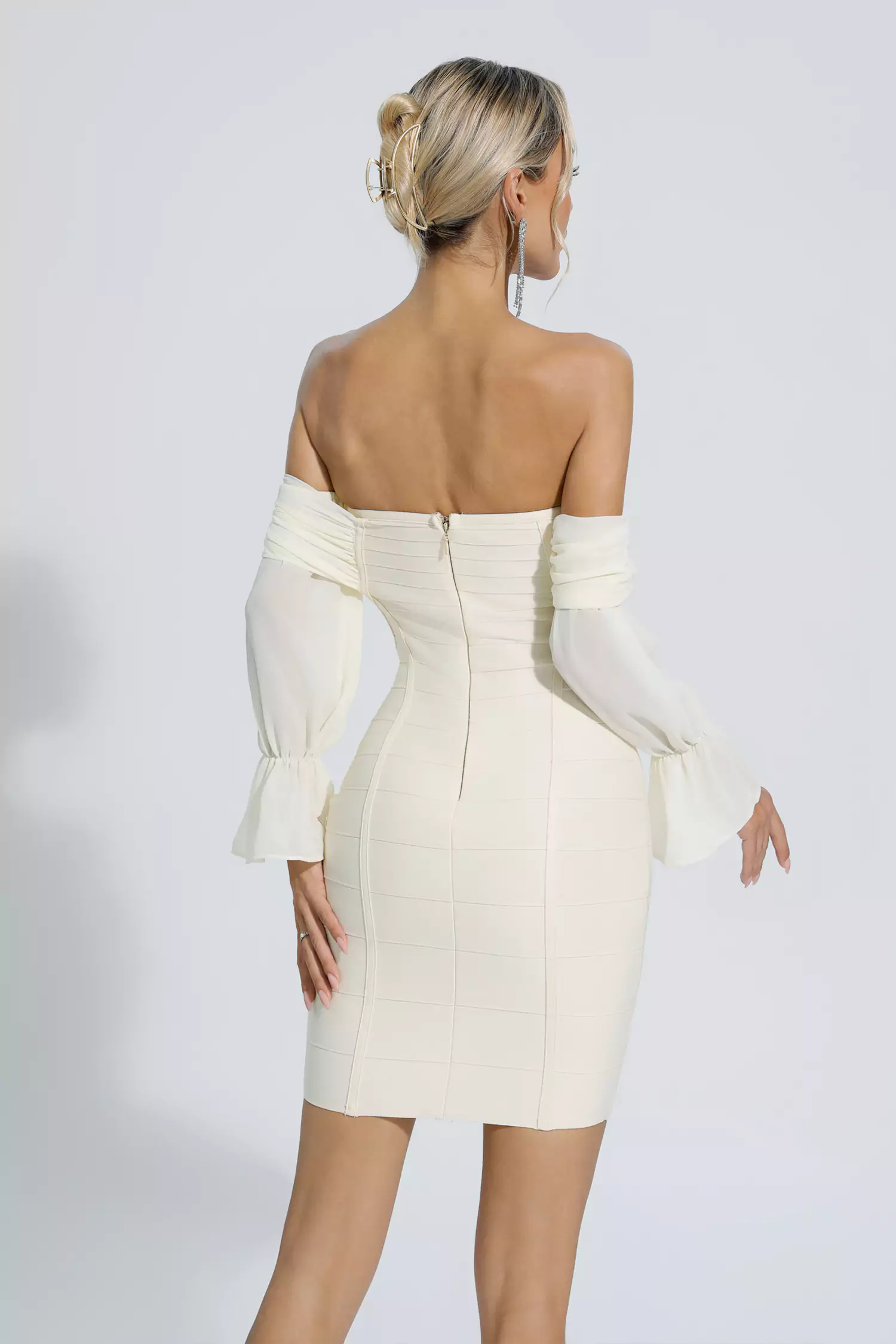 Rosalia Pale Yellow Puff Sleeves Bandage Dress-CATCHALL