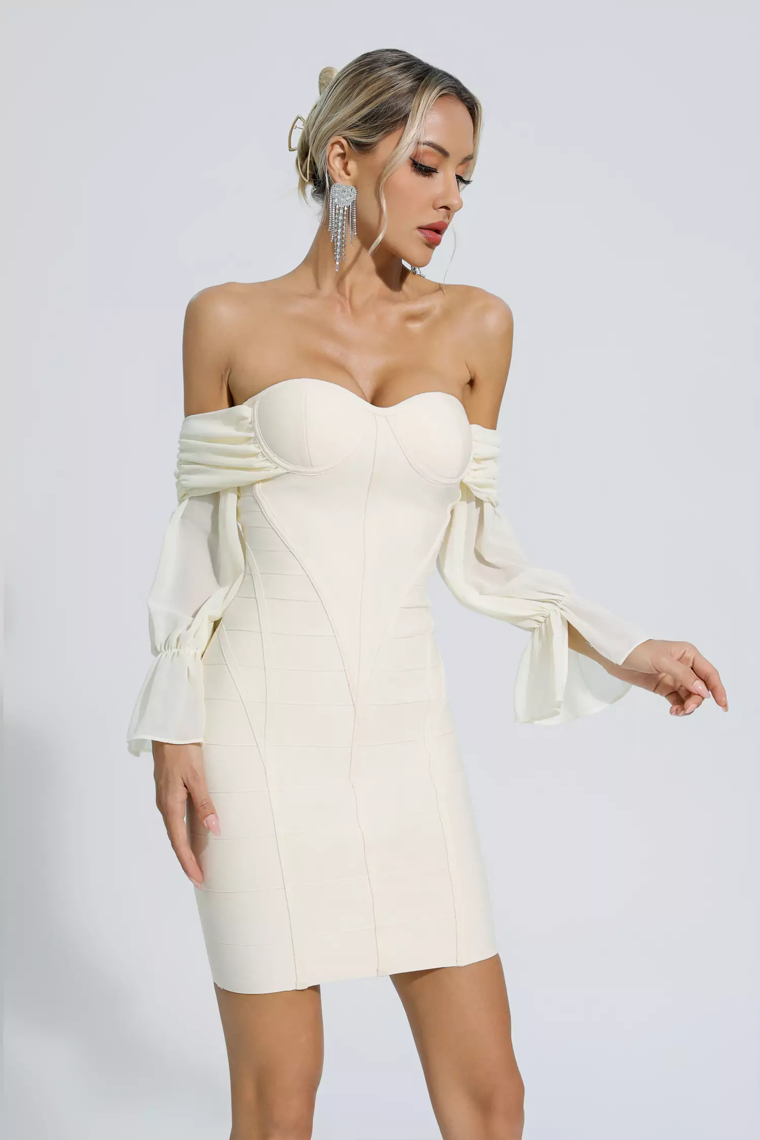 Rosalia Pale Yellow Puff Sleeves Bandage Dress-CATCHALL