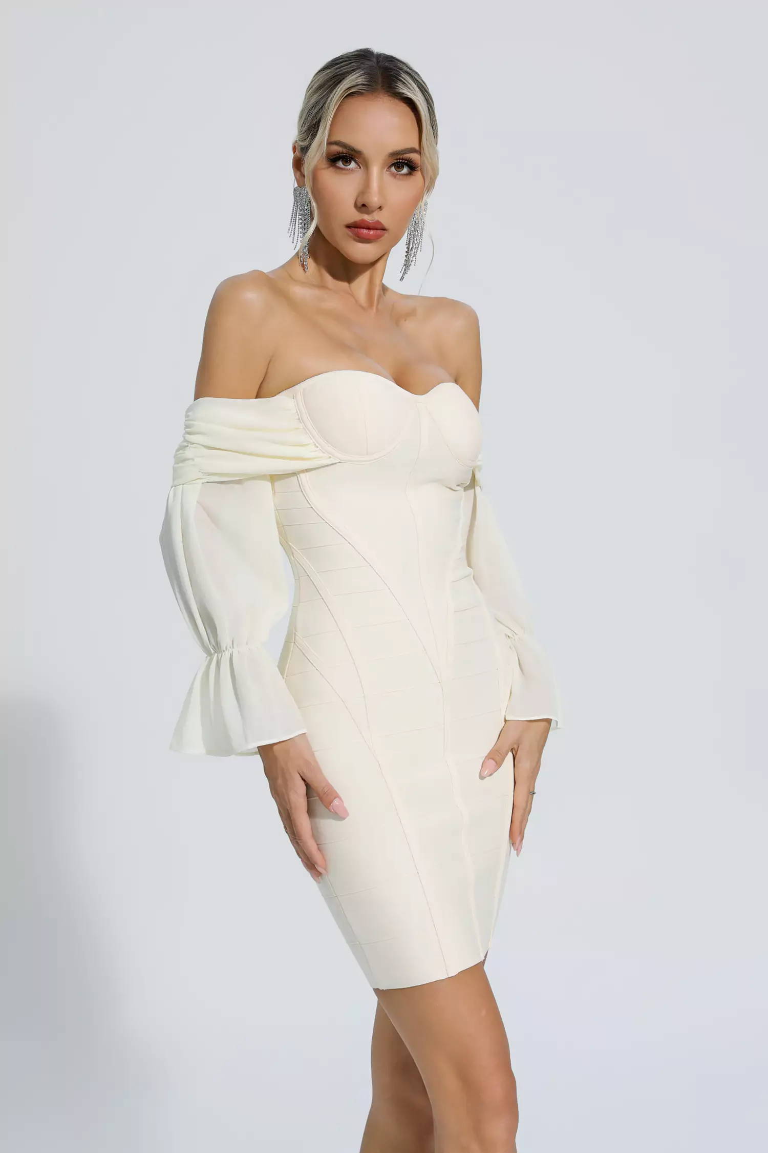 Rosalia Pale Yellow Puff Sleeves Bandage Dress-CATCHALL