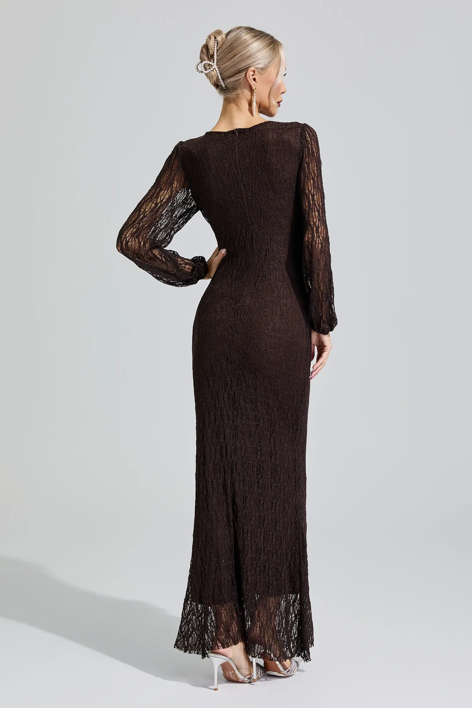 Sacagawea Brown Lace Ruffled Maxi Dress