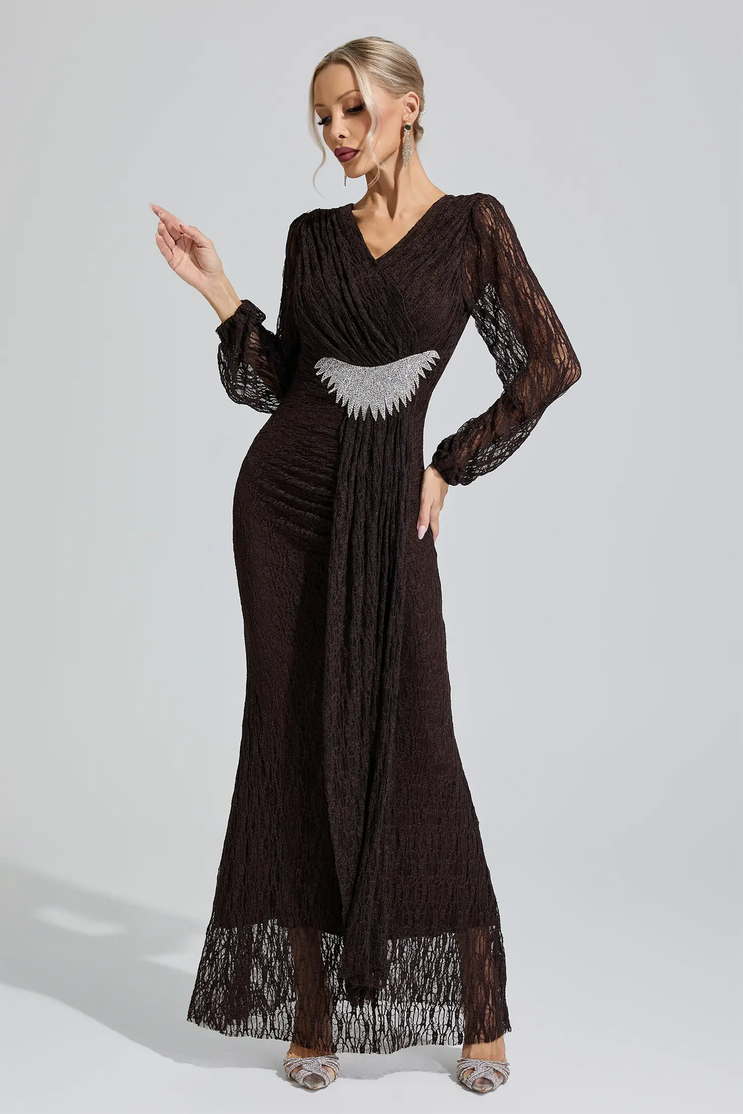 Sacagawea Brown Lace Ruffled Maxi Dress