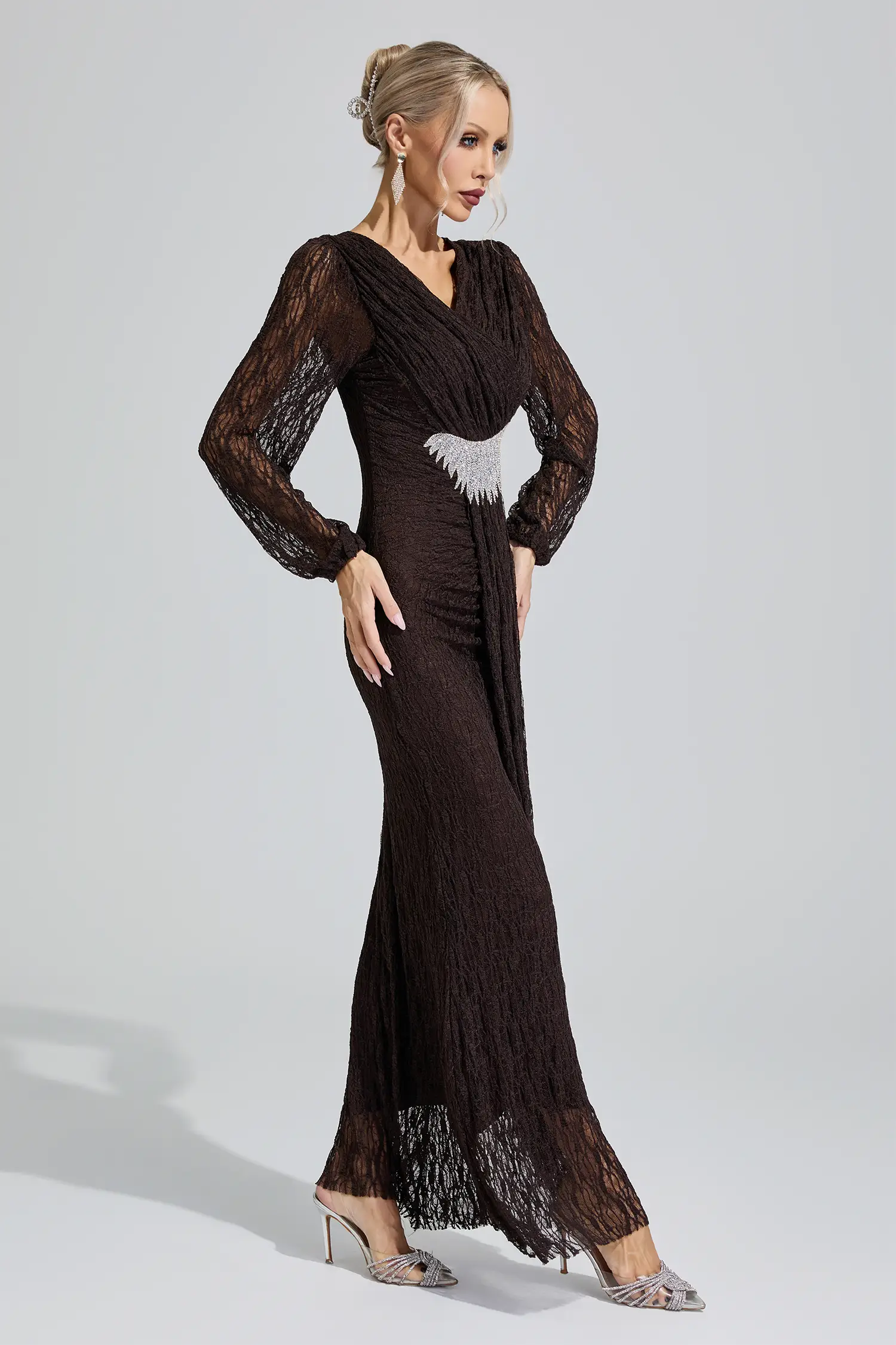 Sacagawea Brown Lace Ruffled Maxi Dress