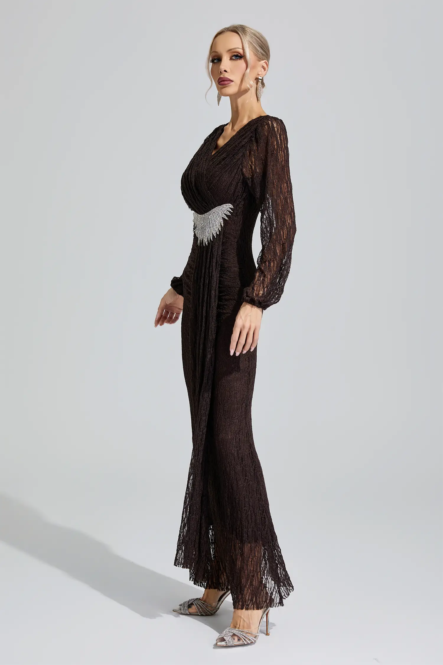 Sacagawea Brown Lace Ruffled Maxi Dress