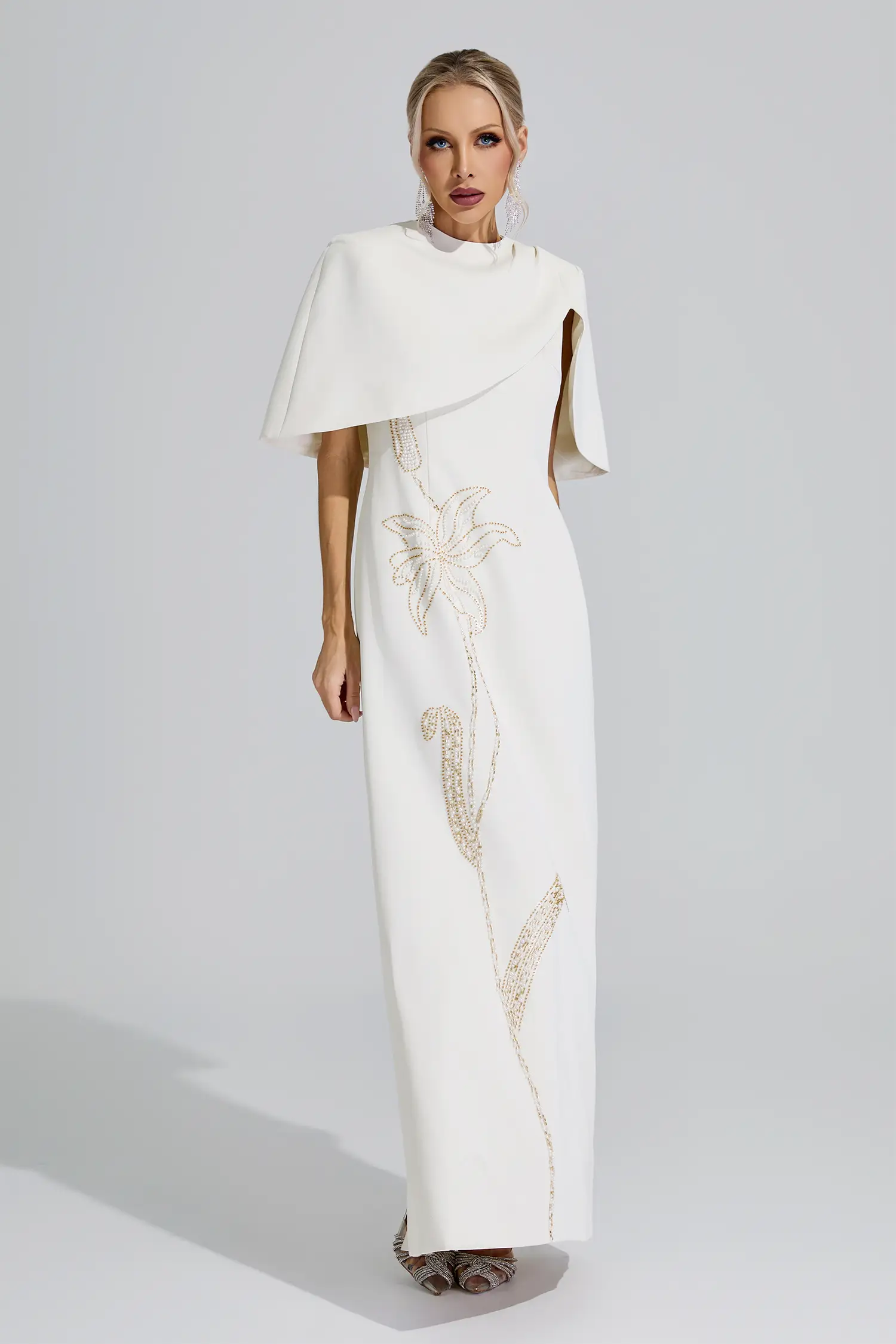 Sagan Apricot Cape Sleeve Beaded Maxi Dress