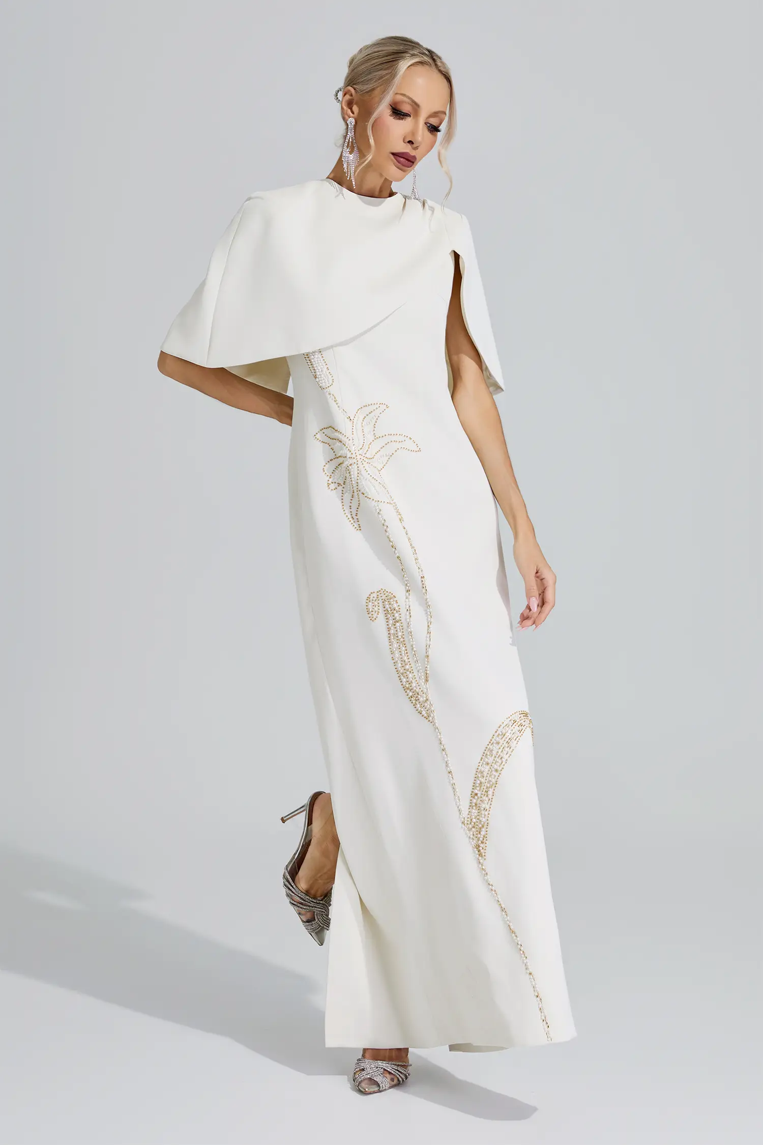 Sagan Apricot Cape Sleeve Beaded Maxi Dress