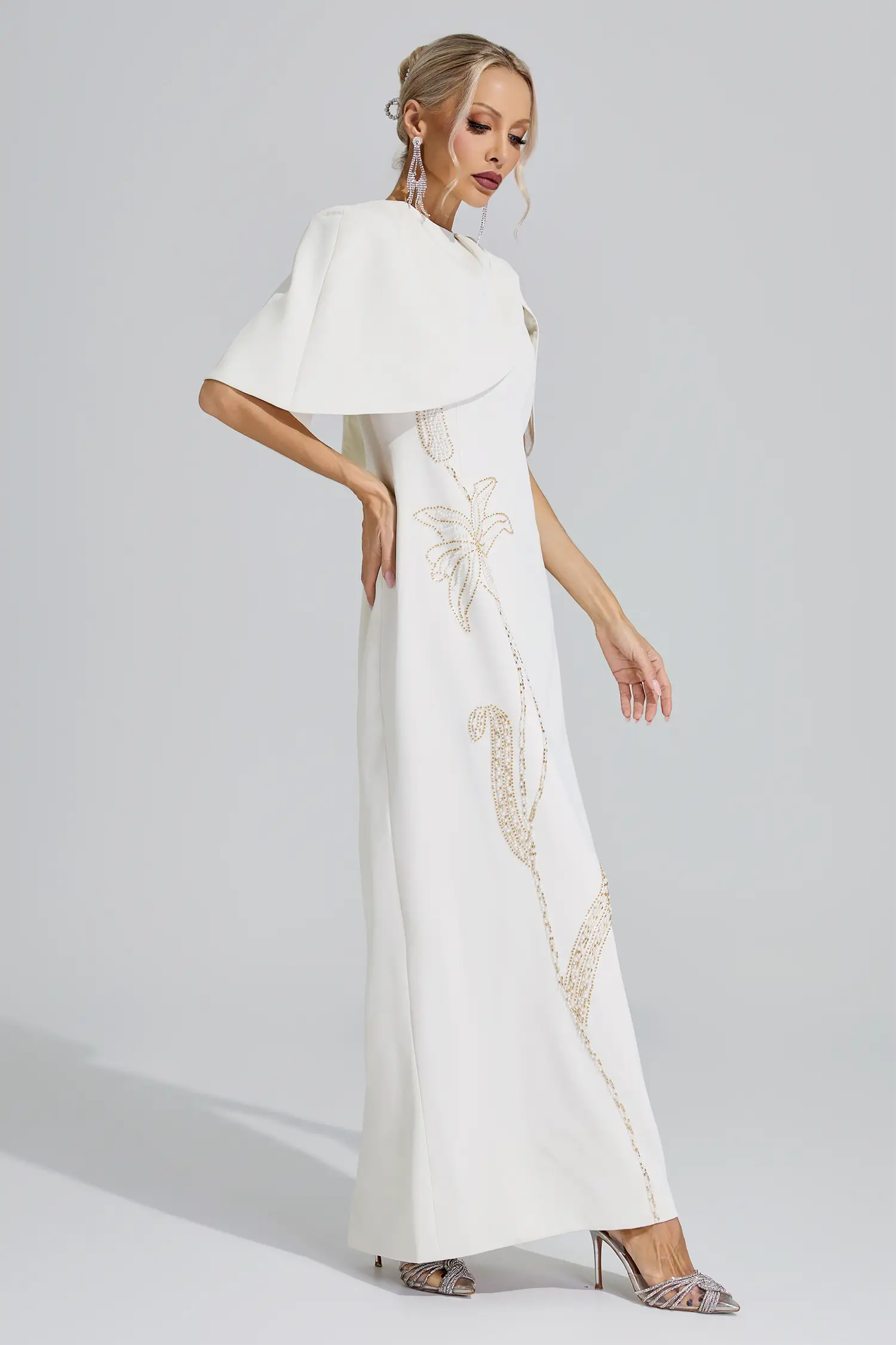 Sagan Apricot Cape Sleeve Beaded Maxi Dress