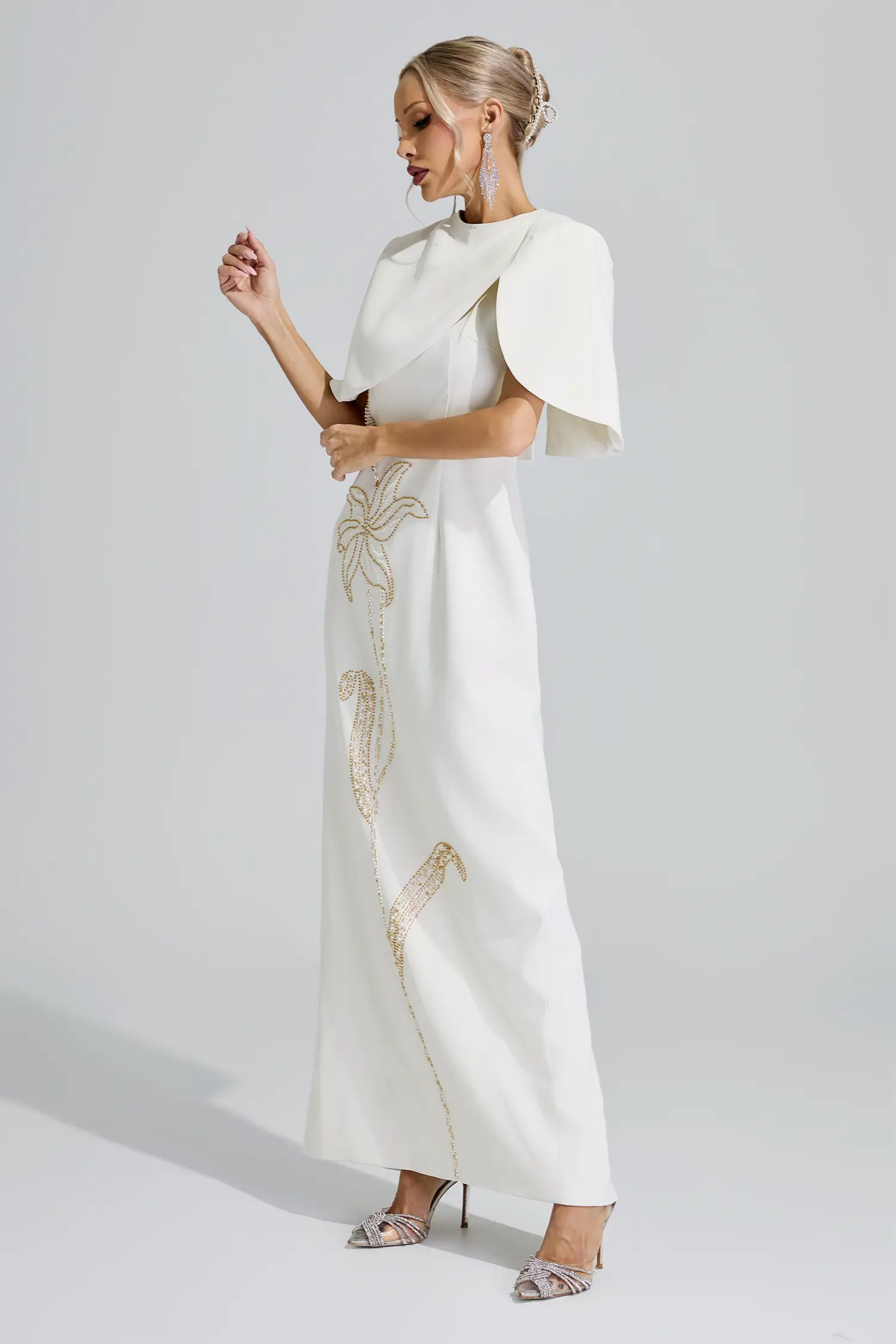 Sagan Apricot Cape Sleeve Beaded Maxi Dress