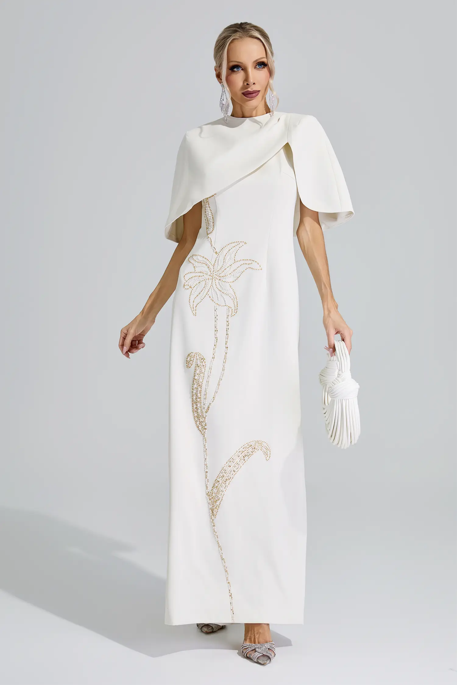 Sagan Apricot Cape Sleeve Beaded Maxi Dress