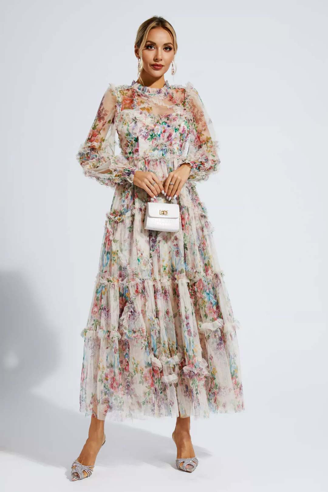 Saige Apricot Floral Long Sleeve Maxi Dress