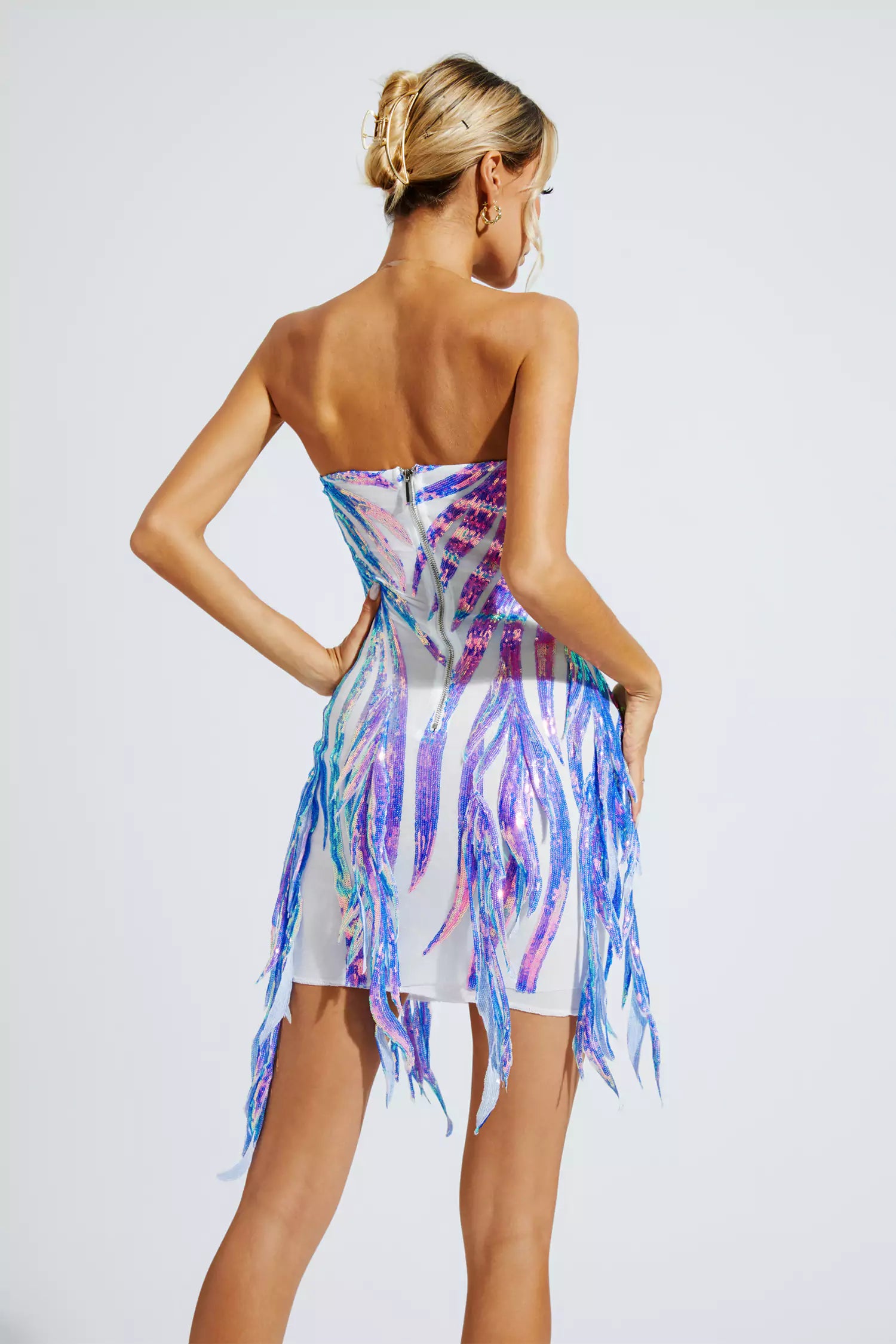 Salem Blue Irregular Sequin Fringe Mini Dress-CATCHALL